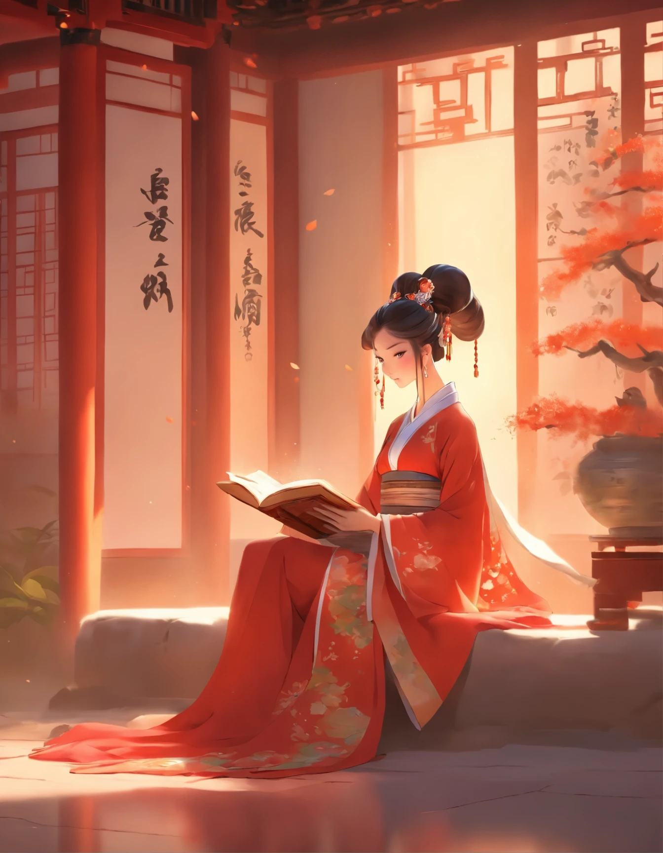 araffe woman in traditional dress reading a book in a room, a picture inspired by Gu An, trending on cgsociety, fantasy art, hanfu, 🌺 cgsociety, palace ， a girl in hanfu, ancient chinese princess, beautiful render of tang dynasty, chinese princess, ancient chinese beauties, wearing ancient chinese clothes, chinese costume, chinese style