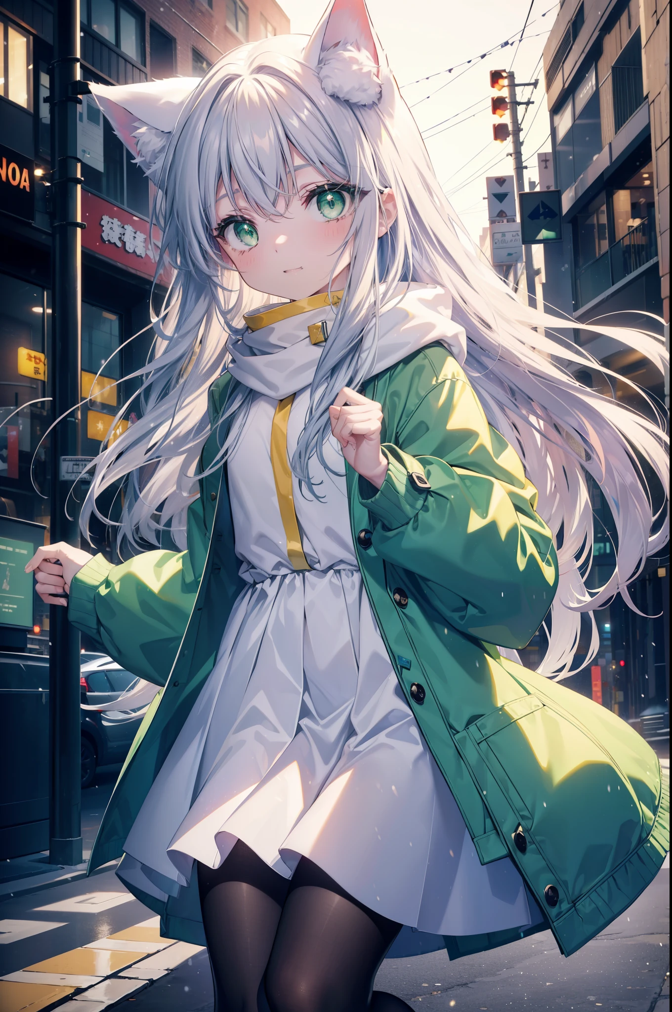 index, index, (green eyes:1.5), silver hair, long hair, (flat chest:1.2),animal ears　Cat ear,animal tail　cat tail,blush,smile,open your mouth,illumination,There is a big Christmas tree in the middle of the road..,Grey handbag,yellow long coat, white hoodie, black long skirt,black pantyhose,Mini Boots,White Christmas,winter,night,cold sky,that&#39;It&#39;s snowing,It&#39;s snowing,
break looking at viewer, Upper body, whole body,
break outdoors, city,building street,
break (masterpiece:1.2), highest quality, High resolution, unity 8k wallpaper, (shape:0.8), (beautiful deしっぽed eyes:1.6), extremely deしっぽed face, perfect lighting, extremely deしっぽed CG, (perfect hands, perfect anatomy),