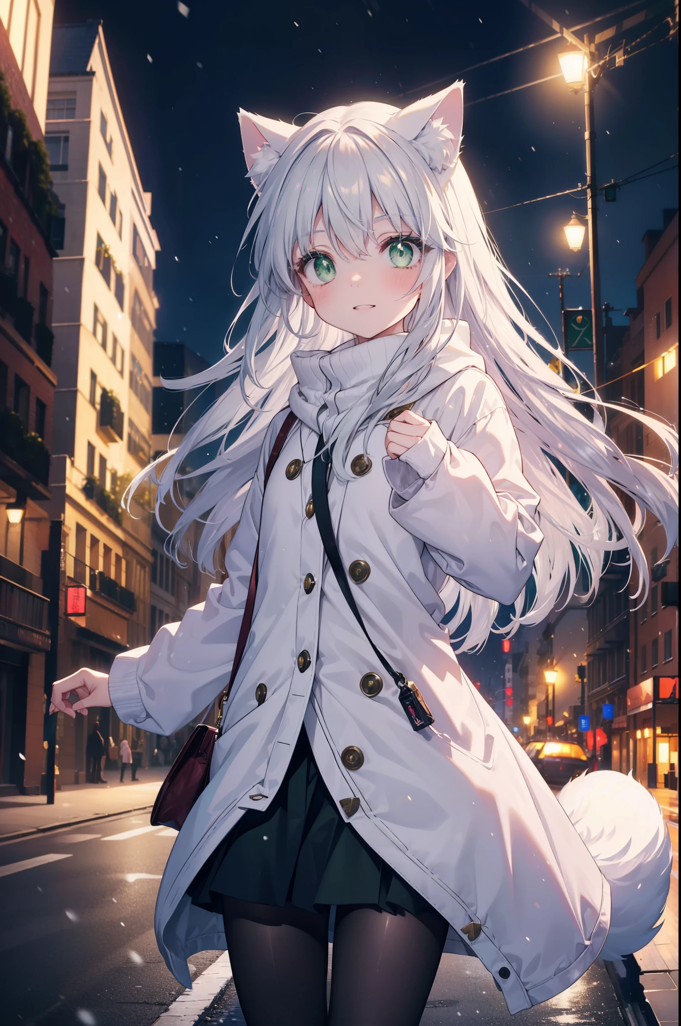 index, index, (green eyes:1.5), silver hair, long hair, (flat chest:1.2),animal ears　Cat ear,animal tail　cat tail,blush,smile,open your mouth,illumination,There is a big Christmas tree in the middle of the road..,Grey handbag,yellow long coat, white hoodie, black long skirt,black pantyhose,Mini Boots,White Christmas,winter,night,cold sky,that&#39;It&#39;s snowing,It&#39;s snowing,
break looking at viewer, Upper body, whole body,
break outdoors, city,building street,
break (masterpiece:1.2), highest quality, High resolution, unity 8k wallpaper, (shape:0.8), (beautiful deしっぽed eyes:1.6), extremely deしっぽed face, perfect lighting, extremely deしっぽed CG, (perfect hands, perfect anatomy),