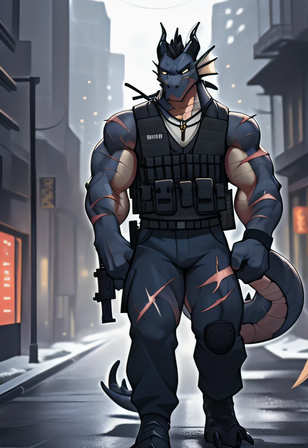 (dragon), two colors, Scars on the face,Eye, With sunglasses on his head,Necklace hanging around the neck,(muscular body:1.3), There is a scar on the face, Handsome, OK,(Scars on the face), on the street,(Express),(city background),(with scars on face:1.2),look at screen,(dragon horn),(Dragon tail),perfect masterpiece,(16K),alone,((Strong)),,(hands crossed),Perfect proportion,front,gun in hand,(gun in hand:1.5),(gun in hand:1.3),(fierce expression:1.2),(Vision:1.5),(with rifle in hands:1.8),Strong,muscle,with dragon wings,more details,CG,(dragon), torso,((gun in hand)), (Bulletproof vest)),serious expression,city background