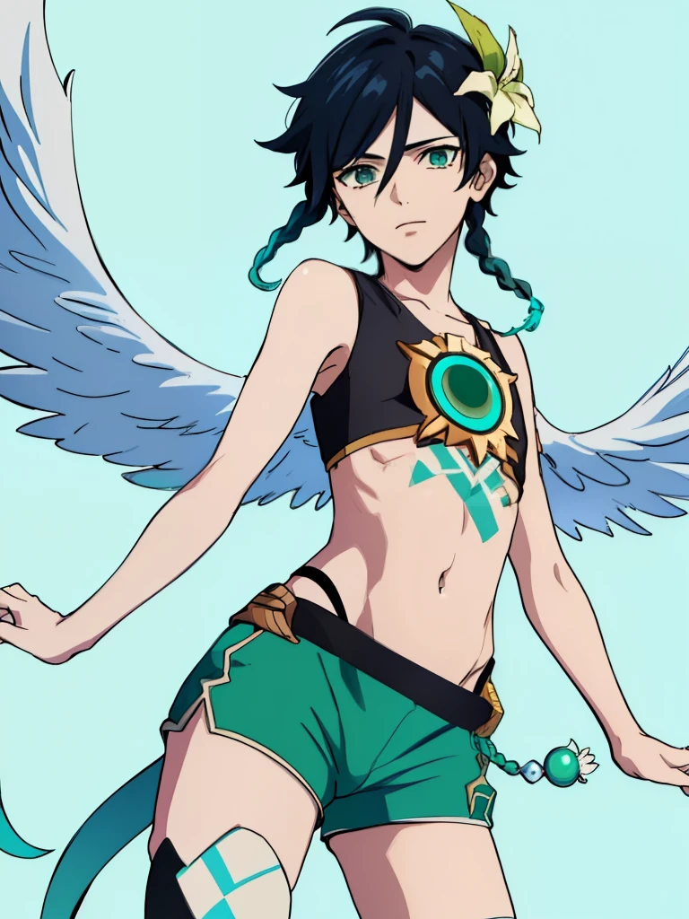 (masterpiece), (best quality),
male focus, 1boy, solo, androgynous, looking at viewer,
gradient hair, black hair, blue hair and green eyes,
Venti, ventiarc, hair flower, Tank top, white shorts, single thighhigh, feathered wings, midriff,navel,