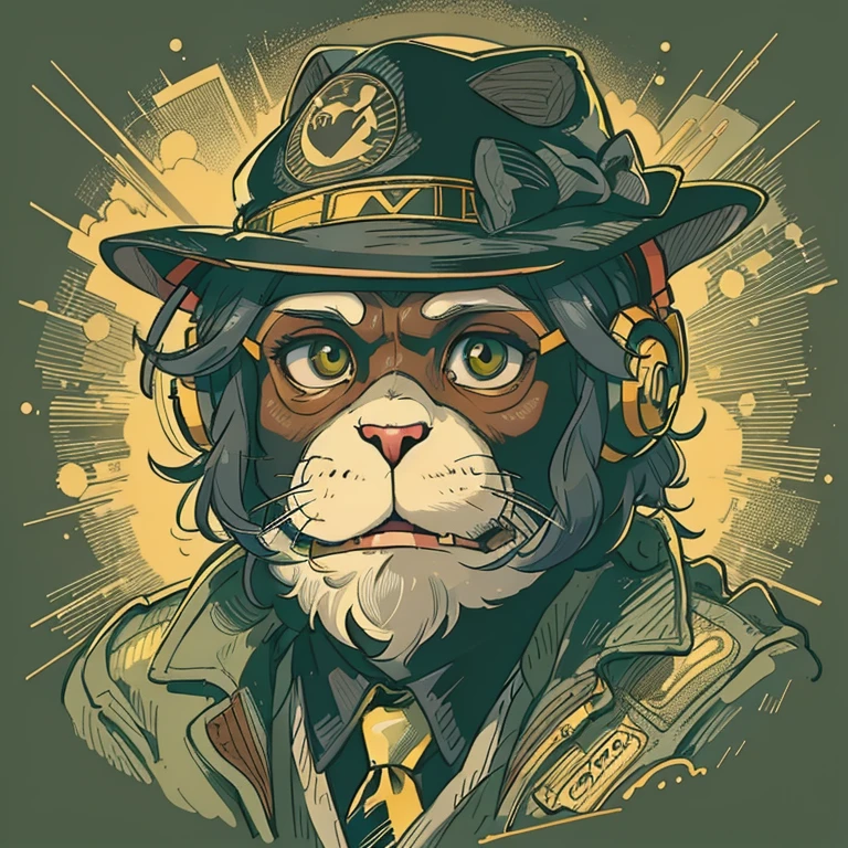 A closeup of a Cat wearing a hat and a suit, inspirado em Alex Petruk APe, Portrait of the Cute cat in space, Assunto= cat, cat wearing a suit and tie, Winston, o Macaco de Overwatch, Directed by: Alex Petruk APe, macaco entediado nft, humanoid cat fantasy race, estilo de arte vetorial, in illustration style digital