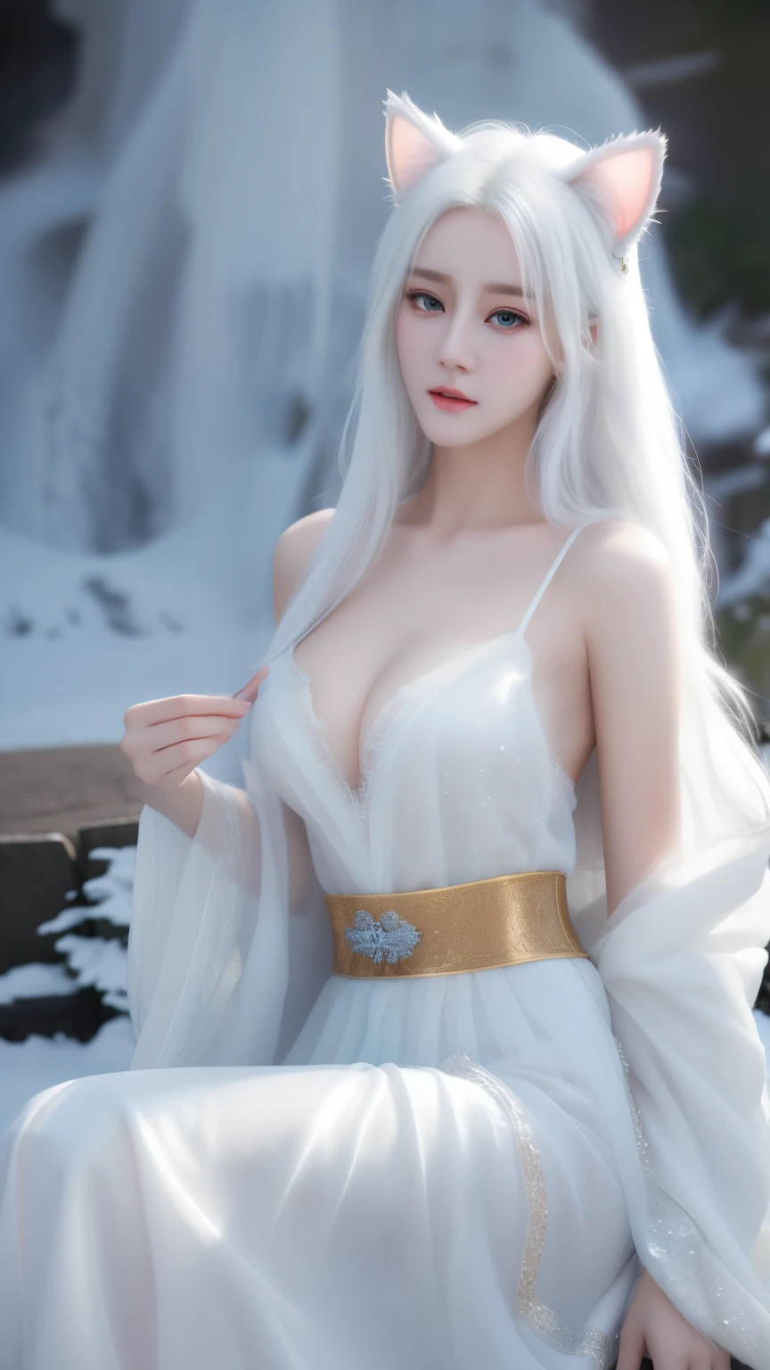 One wearing a white dress、Close-up of woman with cat ears, ethereal beauty, Stunning young and ethereal figure, huge breasts，bigger breasts，H cup，Expose more breasts，flowing white robe, flowing skirt, 1 more transparent skirt，Openwork skirt，There are no shoulder straps，flowing magic robe, beautiful girl, very beautiful top model, Beautiful digital artwork, tall thin beautiful goddess, beautiful goddess, Beautiful fantasy girl, beautiful fantasy art, Smooth digital concept art, Smooth anime CG art，blizzard，snow mountain，lake，white hair，His face was slightly red