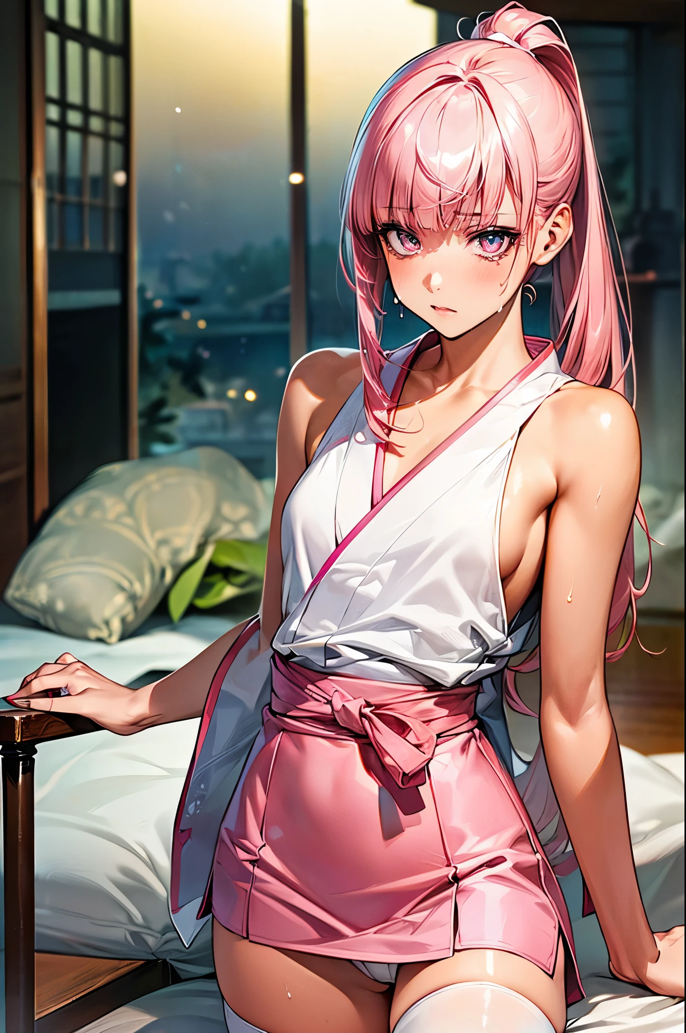 ((perfect anatomy,realistic,:1.3,RAW Photography:1.3,masterpiece、highest quality、Ultra - High resolution、High resolution、Highly detailed CG、8K)),cowboy shot,1 female,solo,20 year old beauty,((beautiful detailed face and eyes,big gorgeous eyes),pink eyes,(pink hair,ponytail,long hair,blunt bangs,straight hair)),(medium breasts,slender body,small head,skinny,tan skin,gleaming skin,shiny skin,sweat),(white kimono、sleeveless、bara arms,pink mini skirt,white_thighhighs,white panties、love juice),lying、futon、Japanese style room、Japanese-style house、Tokyo、moonlight、