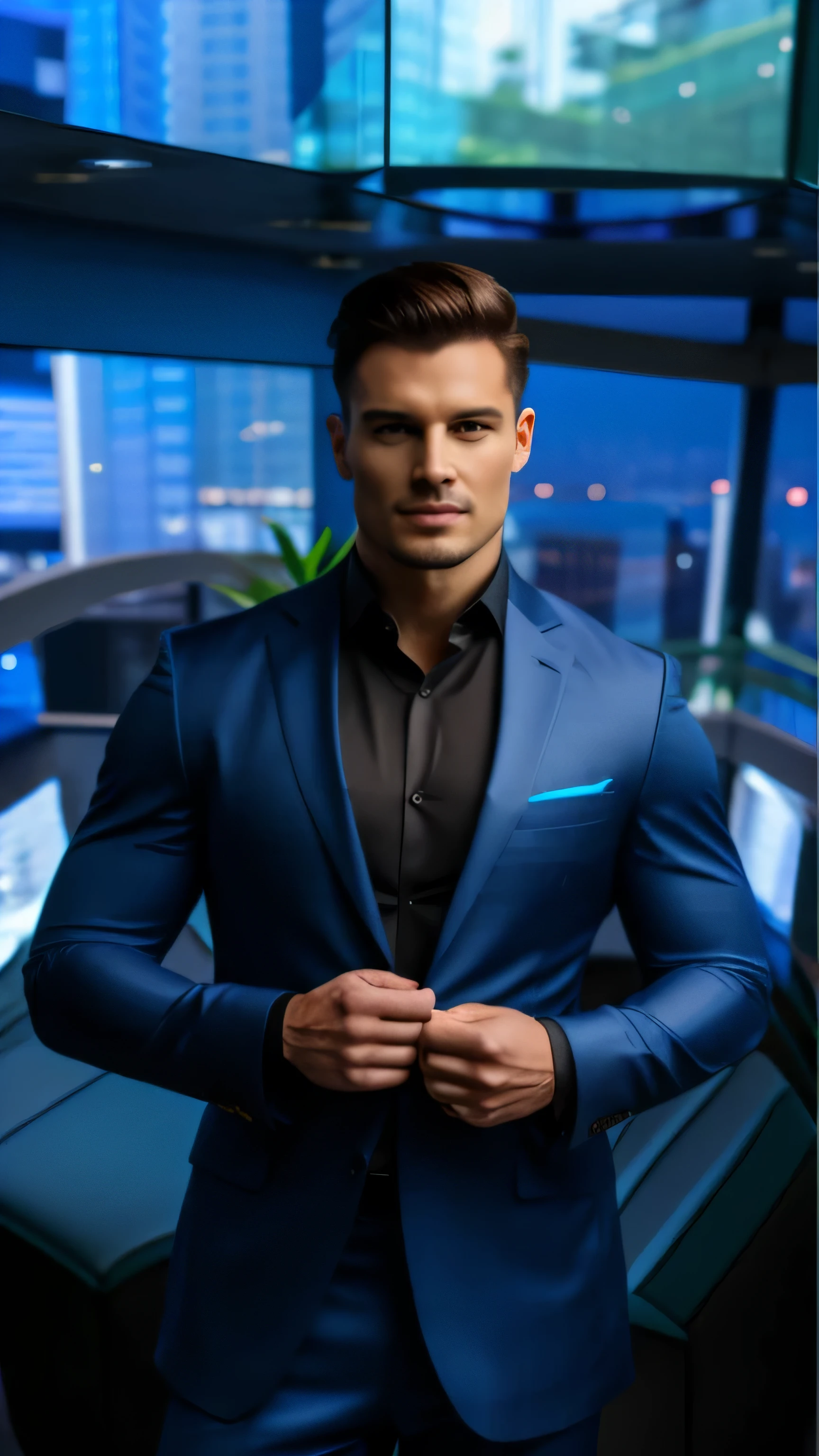 Homem de terno azul parado em frente a uma janela, bonito impressionante realista, homem bonito, terno azul, bonito e elegante, Macho bonito, bonito e atraente, homem atraente, foto de retrato, homem no terno preto, vestindo terno azul escuro, macho atraente, Foto de perfil, apelo masculino alta moda, wearing business suit, Retrato de um homem em um terno