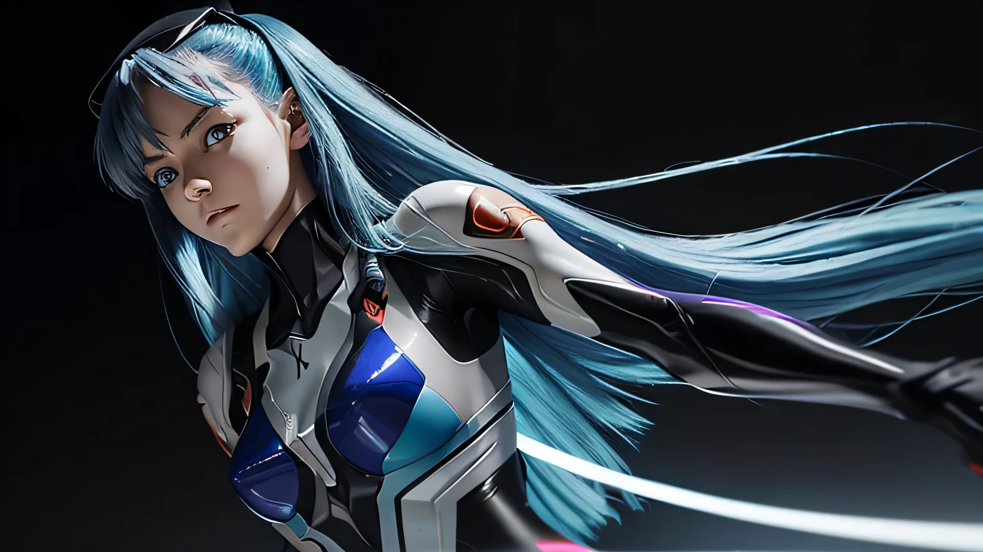 1 young woman, very long blue hair, blue eyes, perfect body, compensate, glass,
sexy combat uniform ((Neon Genesis EVANGELION))((black)), dynamic pose, (masterpiece), (8K), (realistic), (ray tracing),perfect body,(Lie:1.3)