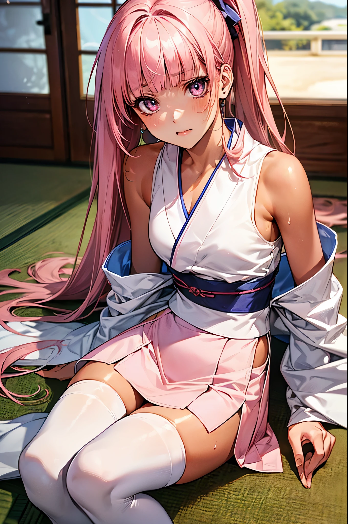((Masterpiece: 1.2)), ((high quality)), ((detail)), 1girl, solo, perfect face, pefect body, perfect anatomy, pretty girl, cute girl, sakura haruno, long hair, green eyes, pink hair color, red Qipao, long dress, long dress slit, bare bottom, no panty, pussy visible, black stockings, high sock knee, black sock, realistic, reality, high quality image, ultra detail, 8k, straddled, both thighs open