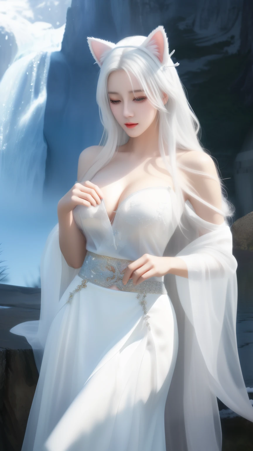 One wearing a white dress、Close-up of woman with cat ears, ethereal beauty, Stunning young and ethereal figure, huge breasts,bigger breasts,H cup,Expose more breasts,flowing white robe, flowing skirt, 1 more transparent skirt,Openwork skirt,There are no shoulder straps,flowing magic robe, beautiful girl, very beautiful top model, Beautiful digital artwork, tall thin beautiful goddess, beautiful goddess, Beautiful fantasy girl, beautiful fantasy art, Smooth digital concept art, Smooth anime CG art,blizzard,snow mountain,lake,white hair,His face was slightly red