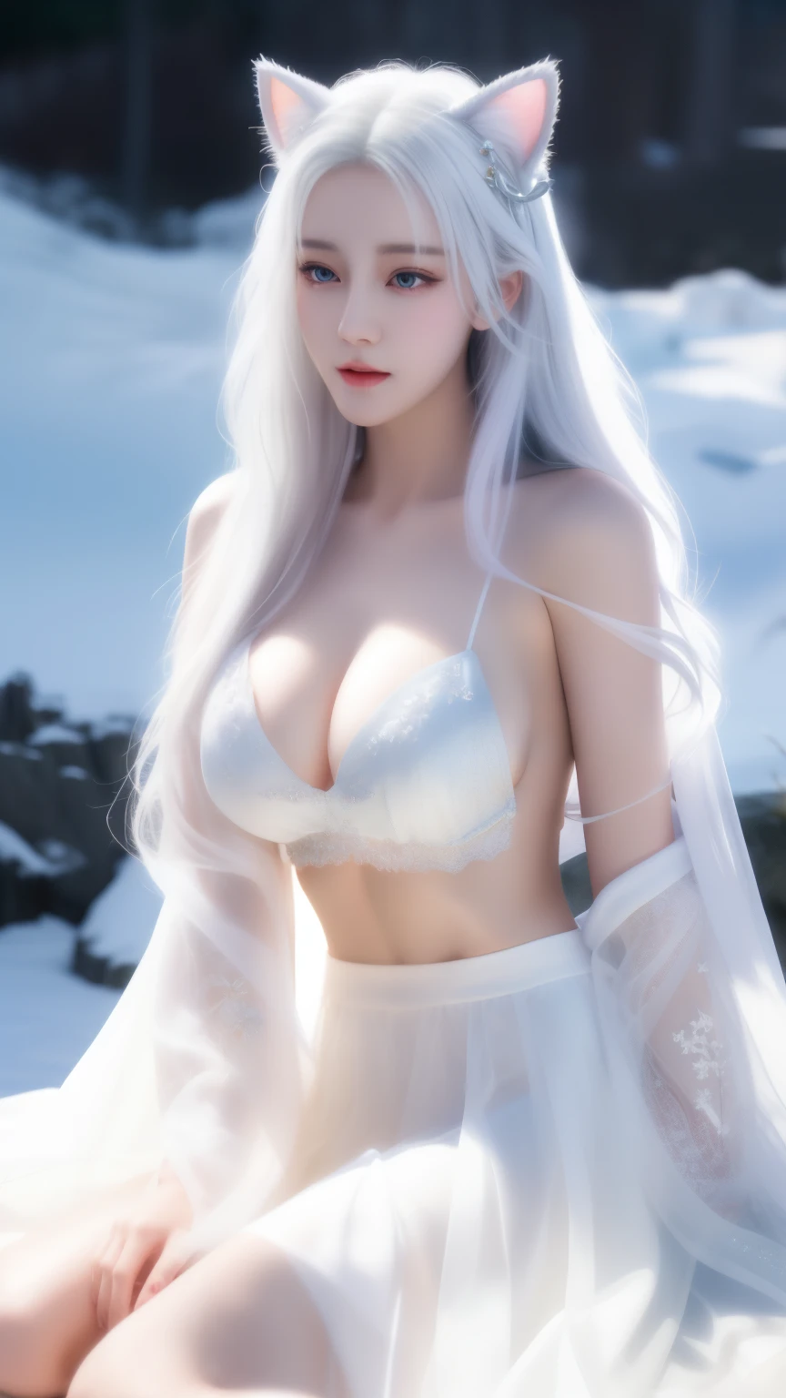 One wearing a white dress、Close-up of woman with cat ears, ethereal beauty, Stunning young and ethereal figure, huge breasts,bigger breasts,H cup,Expose more breasts,flowing white robe, flowing skirt, 1 more transparent skirt,Openwork skirt,There are no shoulder straps,flowing magic robe, beautiful girl, very beautiful top model, Beautiful digital artwork, tall thin beautiful goddess, beautiful goddess, Beautiful fantasy girl, beautiful fantasy art, Smooth digital concept art, Smooth anime CG art,blizzard,snow mountain,lake,white hair,His face was slightly red
