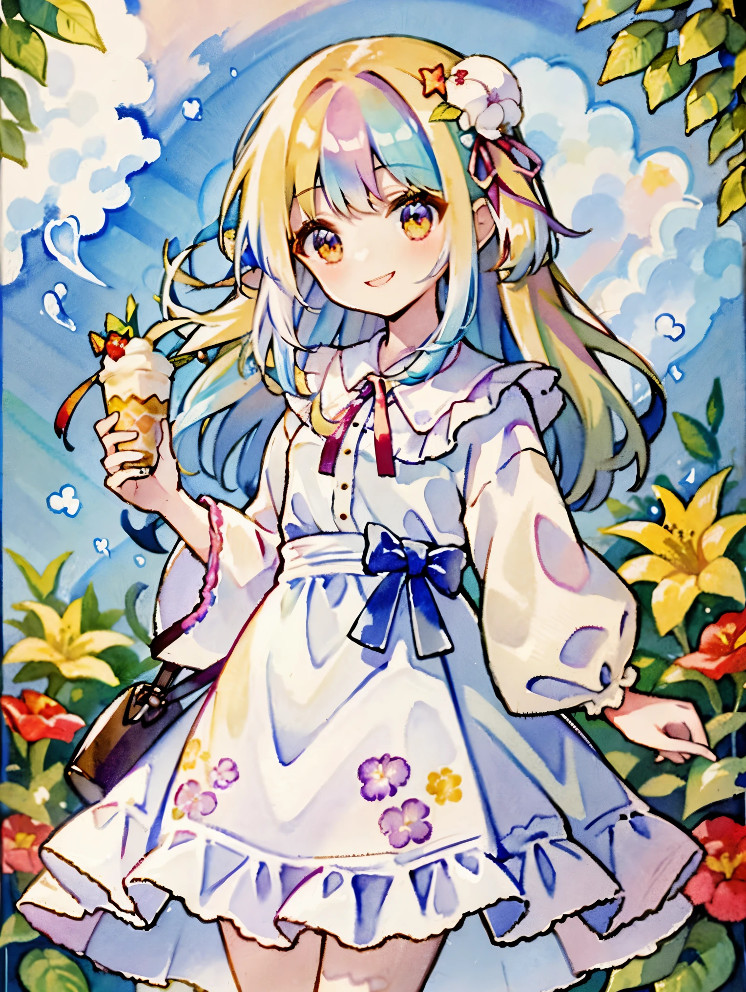 ((Highest quality 1.2))、((Masterpiece 1.2))、watercolor style、smile((rainbow colored hair))、A stylish wooden cafe、Stained Glass Lighting、eat a large fruit parfait、pink eyes、White floral dress with red ribbon