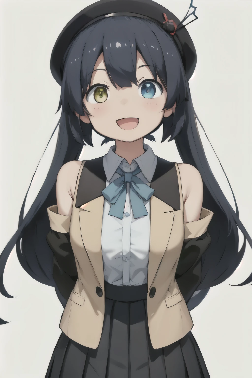 white background、Solid white background、blank background、arms behind back、adult woman、hide your hands、Upper body photographed from the front,(high quality, Breathtaking),(delicate eyes, perfect face)solo,Era: late 20s, Heterochromia - (yellow left eye、The left eye is yellow、light blue right eye、The right eye is light blue)、open your mouth without showing your teeth、Smile with mouth wide open、open your mouth wide、fish shaped hairpin、medium shoulder length hair, black hair, black long sleeve blazer clothes,black pleated skirt、black beret