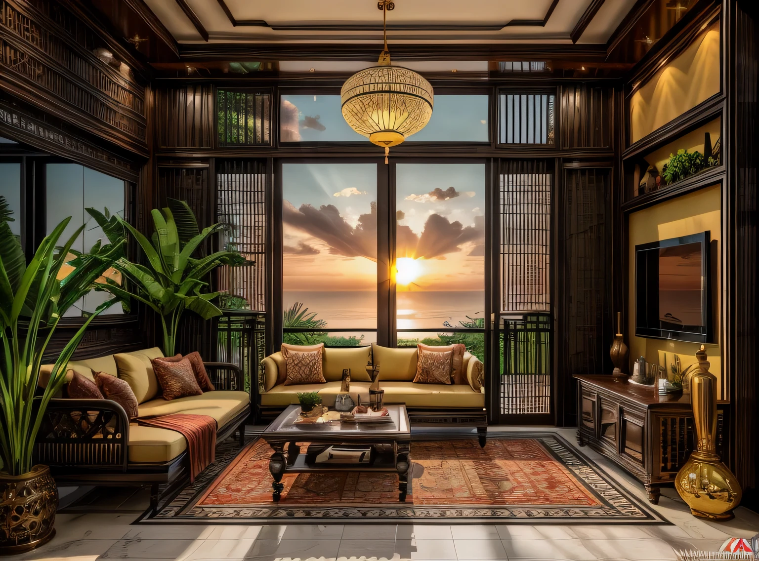 Raw photo, Masterpiece, high quality, best quality, authentic, super detail, interior, indoors, indochine livingroom with couch,rug, coffe table, dark tile floor, (sunset:1.1), vivid color, vray,
