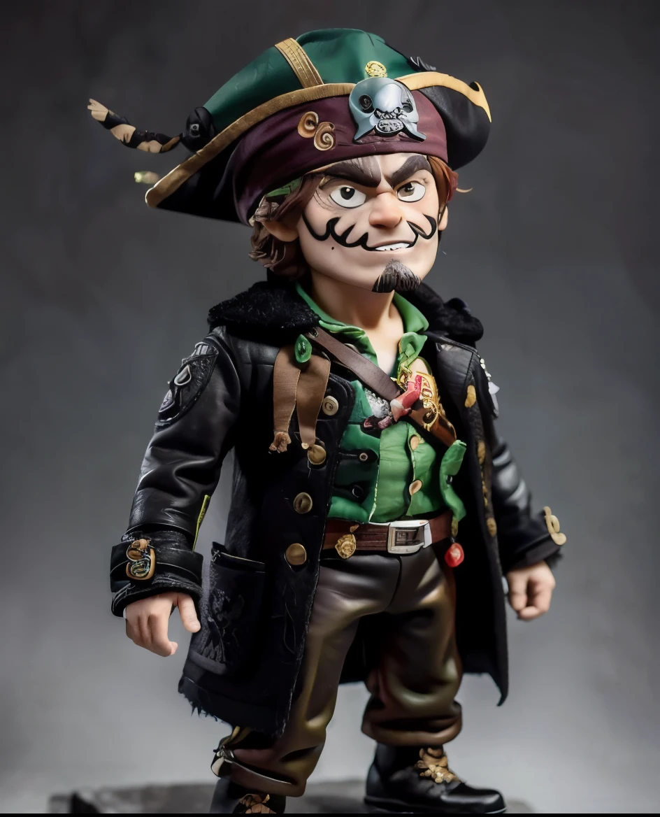 A pirate man, looks 40 years old, ((angry face expression)), extremely detailed, dark eyes, wearing pirate clothes, hat with a stamped skull and a green ornament feather, wearing pants and a ((black coat)), black shoes, masterpiece, high quality, ((multiple poses)), ((children's book style)), white background -- v6 quality --2