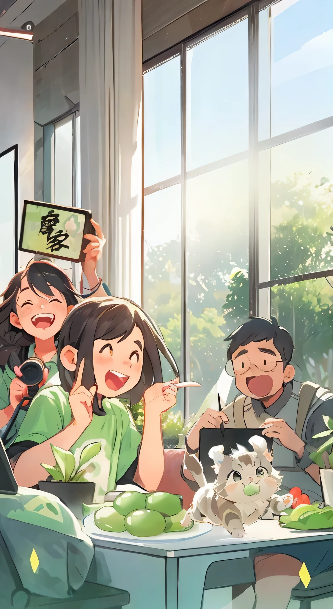 Cartoon characters with cats and dogs sitting around the table, digital anime illustration, Artgerm and Atey Ghailan, anime style插画, guweiz style artwork, Japanese animation style, Digital Comic Art, anime illustration, High quality fan art, anime style, anime style4k, Lofi Art, Artie Guérin 8 K