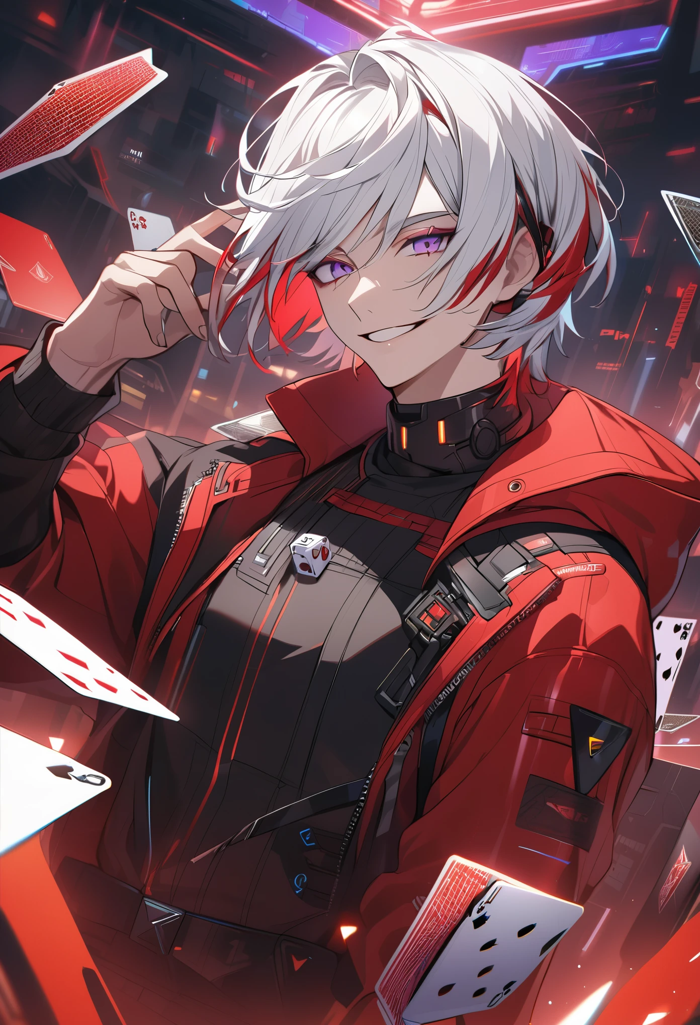 Handsome, solo, 1 male, short hair, white hair, red highlight at hair tips, yellow eyes, white and red clothes, smile facial, futuristic, cyberpunk, cards, dices, gambler