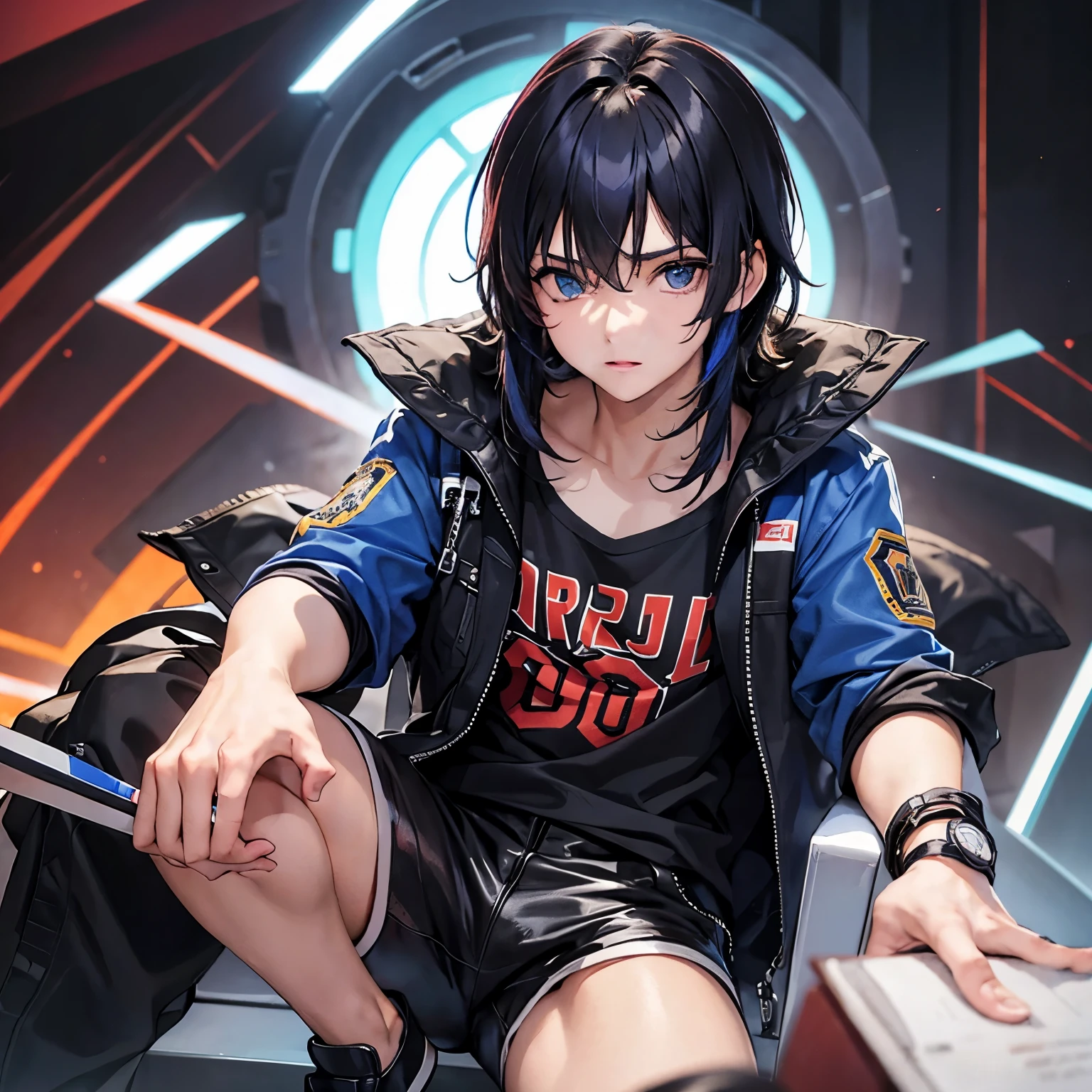 boy, cabello negro con mechas rojas, ojos almendrados azul claro, facciones delicadas y labios finos