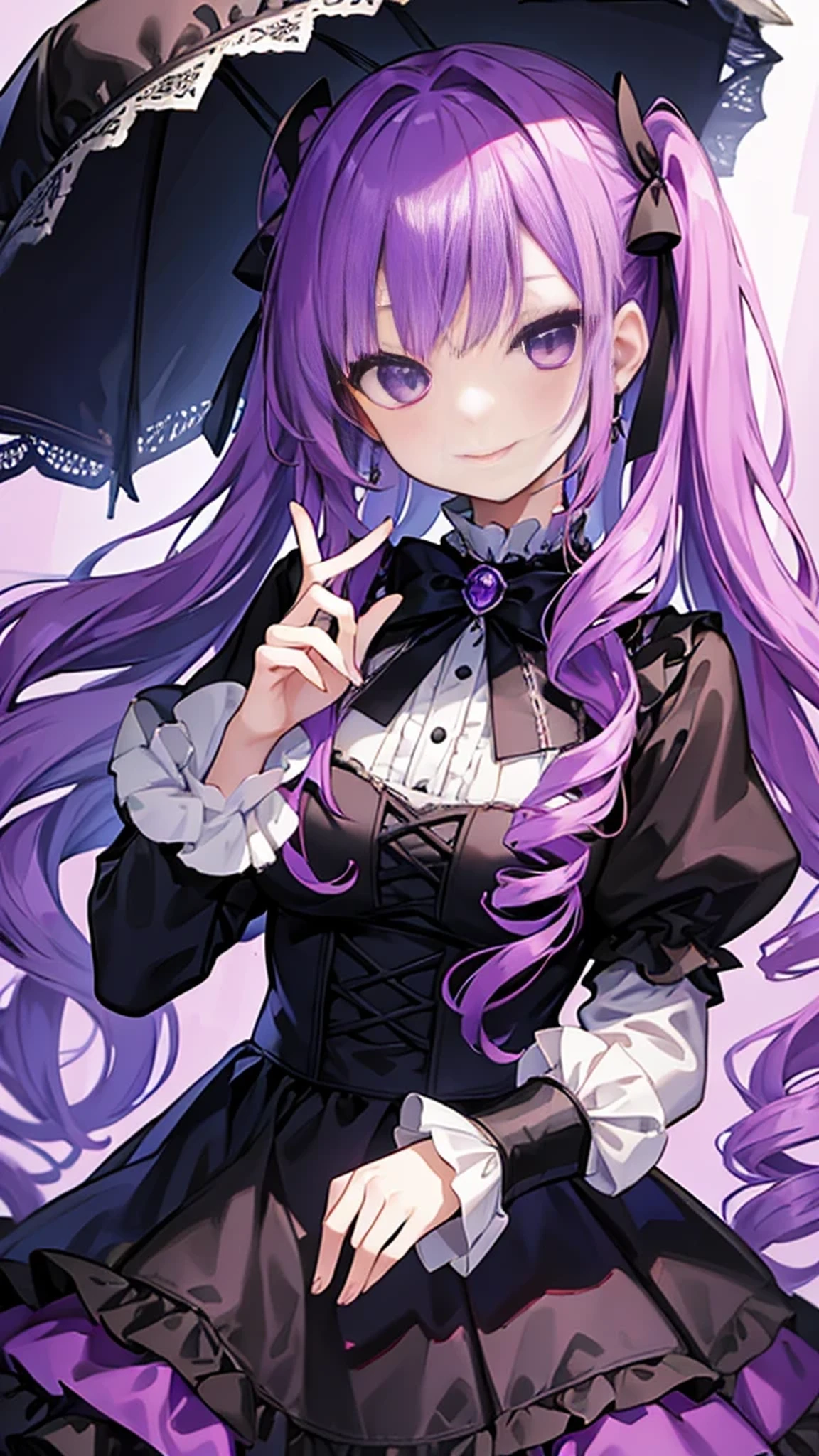 1 girl、Ample breasts、Purple Hair、Long Hair、Curly Hair、Twin tails、Drill curl long hair、Black Dress、Shoulder Bare、Braided、Lady、Ribbon on chest、A seductive smile、Black parasol、Frilled umbrella、In the rose garden、High resolution、highest quality