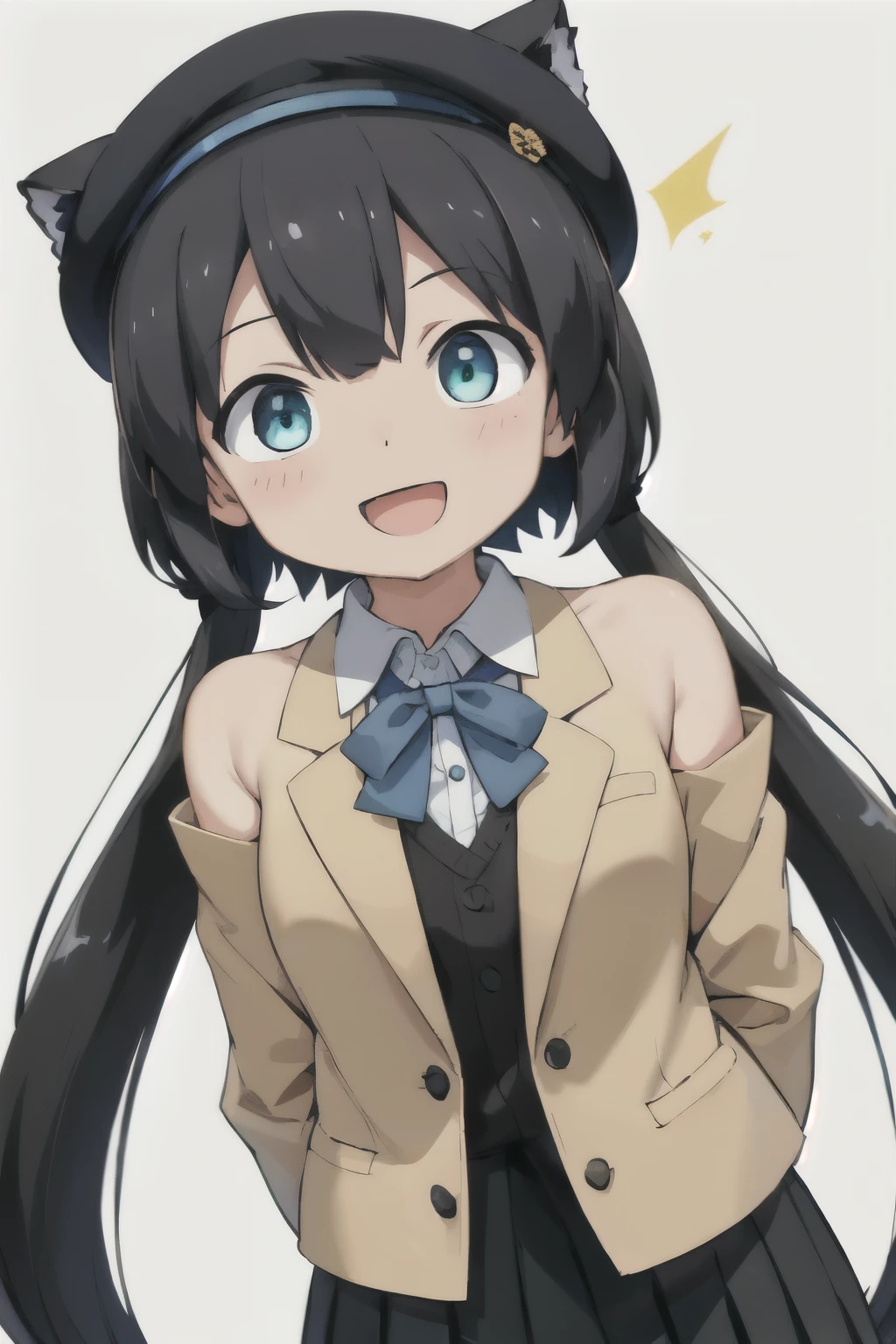 white background、Solid white background、blank background、arms behind back、adult woman、hide your hands、Upper body photographed from the front,(high quality, Breathtaking),(delicate eyes, perfect face)solo,Era: late 20s, Heterochromia - （yellow left eye、The left eye is yellow、light blue right eye、The right eye is light blue）、open your mouth without showing your teeth、Smile with mouth wide open、open your mouth wide、fish shaped hairpin、medium shoulder length hair, black hair, black long sleeve blazer clothes,black pleated skirt、black beret
