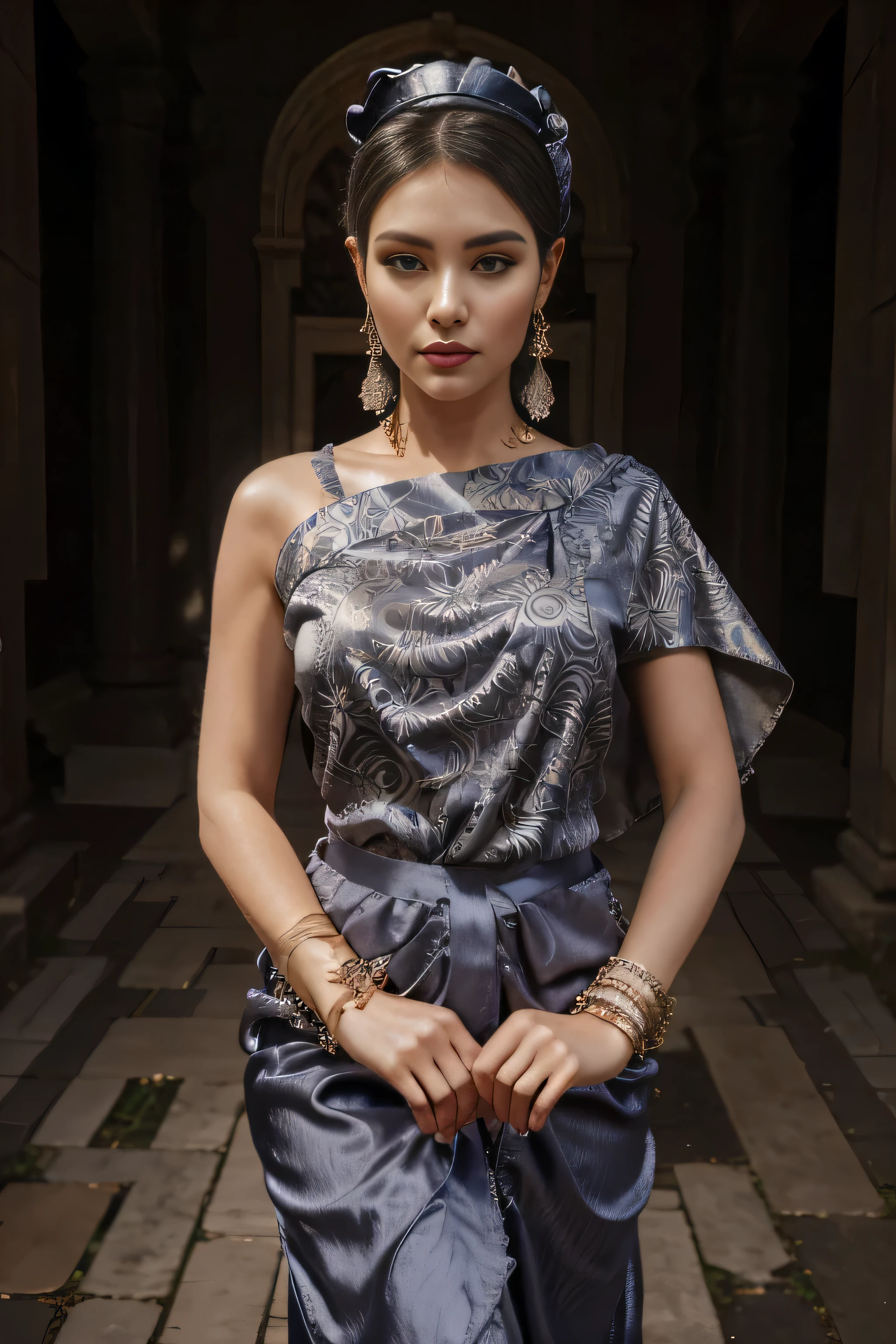Masterpiece, best quality, 3D Rip Artwork, 3DMM style, close up, Portrait, realism, Woman puts on beautiful makeup, eyelid, Chapped lips, Challenging the eyes, Big, beautiful eyes, Long eyelashes, Tiring ((gray satin headdress)), loose hijab style, (( satin shirt)), ((Long maxi skirt in batik satin.)), Take a walk on the spring path, garden, river