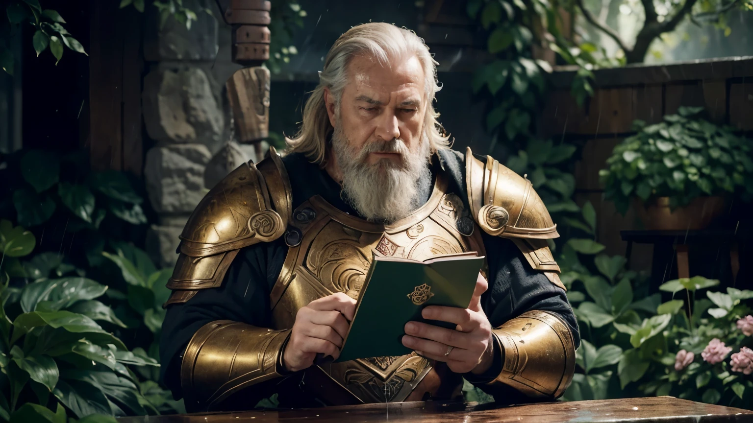 (best quality, 8k, masterpiece: 1.2), old elder, with strong physique, wearing armor, (in his hand a golden book in the shape of a hammer), falling rain, lush garden setting, soft natural lighting, colors vibrant, photorealistic: 1.37
