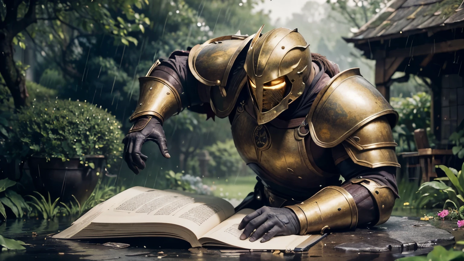 (best quality, 8k, masterpiece: 1.2), old elder, with strong physique, wearing armor, (in his hand a golden book in the shape of a hammer), falling rain, lush garden setting, soft natural lighting, colors vibrant, photorealistic: 1.37
