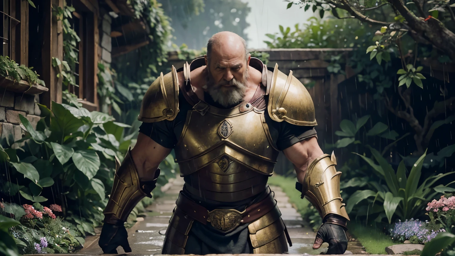 (best quality, 8k, masterpiece: 1.2), old elder, with strong physique, wearing armor, (in his hand a golden book in the shape of a hammer), falling rain, lush garden setting, soft natural lighting, colors vibrant, photorealistic: 1.37