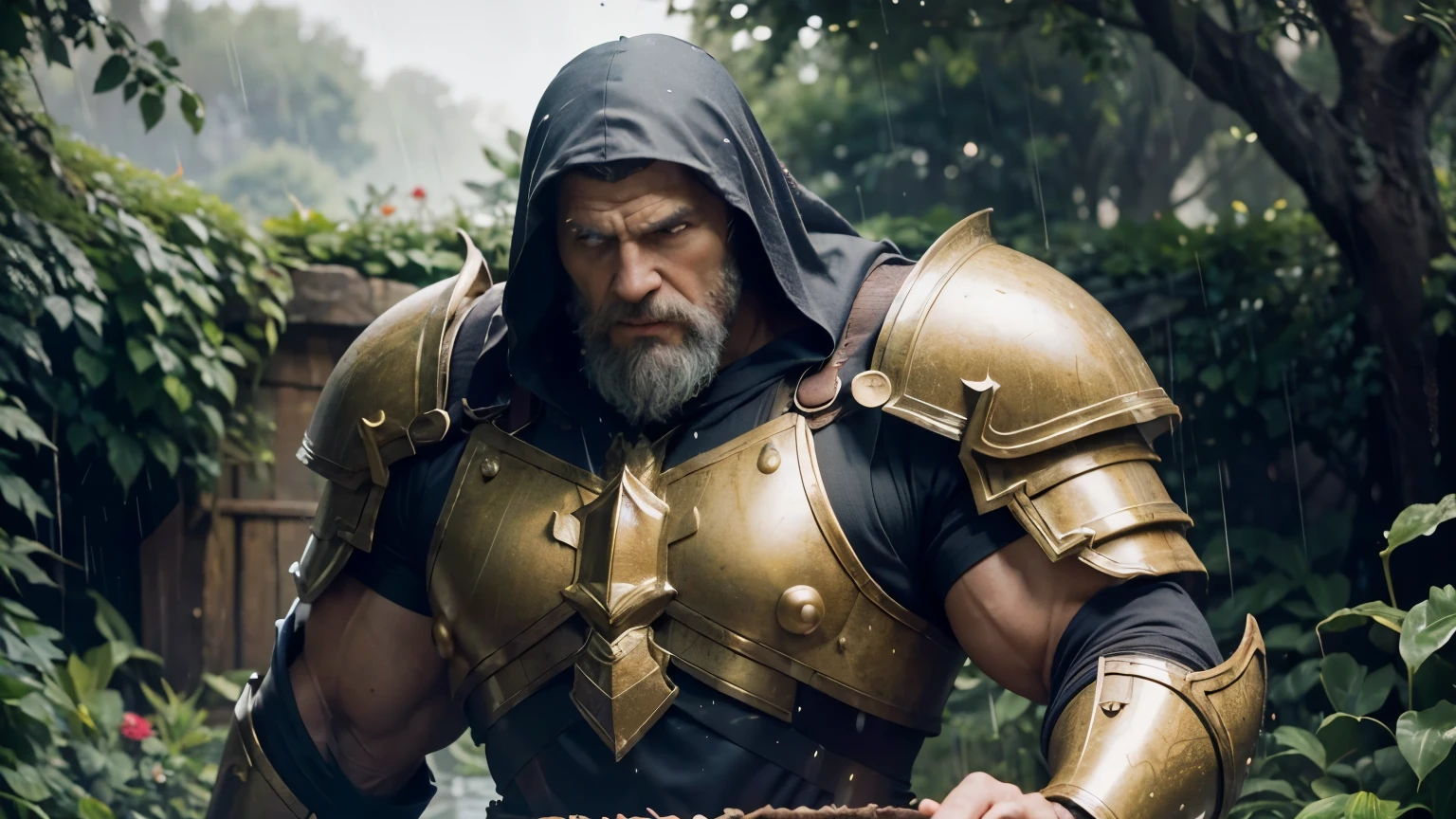(best quality, 8k, masterpiece: 1.2), old elder, with strong physique, wearing armor, (in his hand a golden book in the shape of a hammer), falling rain, lush garden setting, soft natural lighting, colors vibrant, photorealistic: 1.37