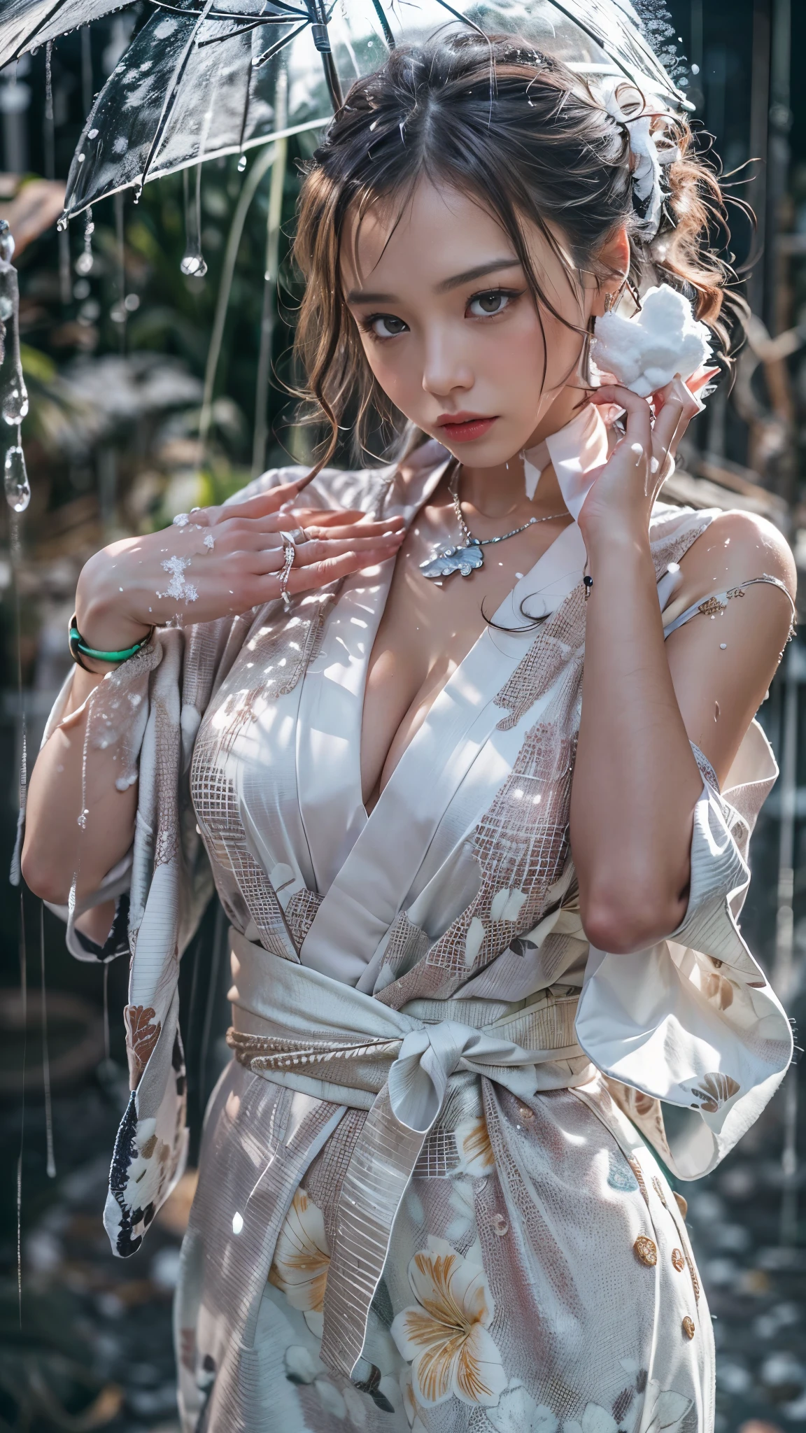 (RAW shooting, Photoreal:1.5, 8K, highest quality, masterpiece, ultra high resolution), ((((heavy snow, Blizzard)))), Highly detailed skin and facial textures:1.3, perfect dynamic composition:1.2, (In front of a shrine at night in a modern city, expression of sadness:1.0, Tears are flowing:1.0, cry with a broken heart:1.0), Slim office lady wet in the rain:1.3, cowboy shot, Fair skin:1.2, sexy beauty:1.1, perfect style:1.2, beautiful and aesthetic:1.1, very beautiful face:1.2, water droplets on the skin, (rain drips all over my body:1.2, wet body:1.2, wet hair:1.3), (Professional kimono dressing:1.1, Holding a bouquet of wet lilies:1.2, How to wear a wet pure white kimono properly:1.3), (Medium chest, Bra is transparent, Chest gap), (Eyes that feel beautiful eros:0.9, Too erotic:0.9, Bewitching:0.9), necklace, earrings, bracelet, wedding ring, Highly detailed hand and finger expressions