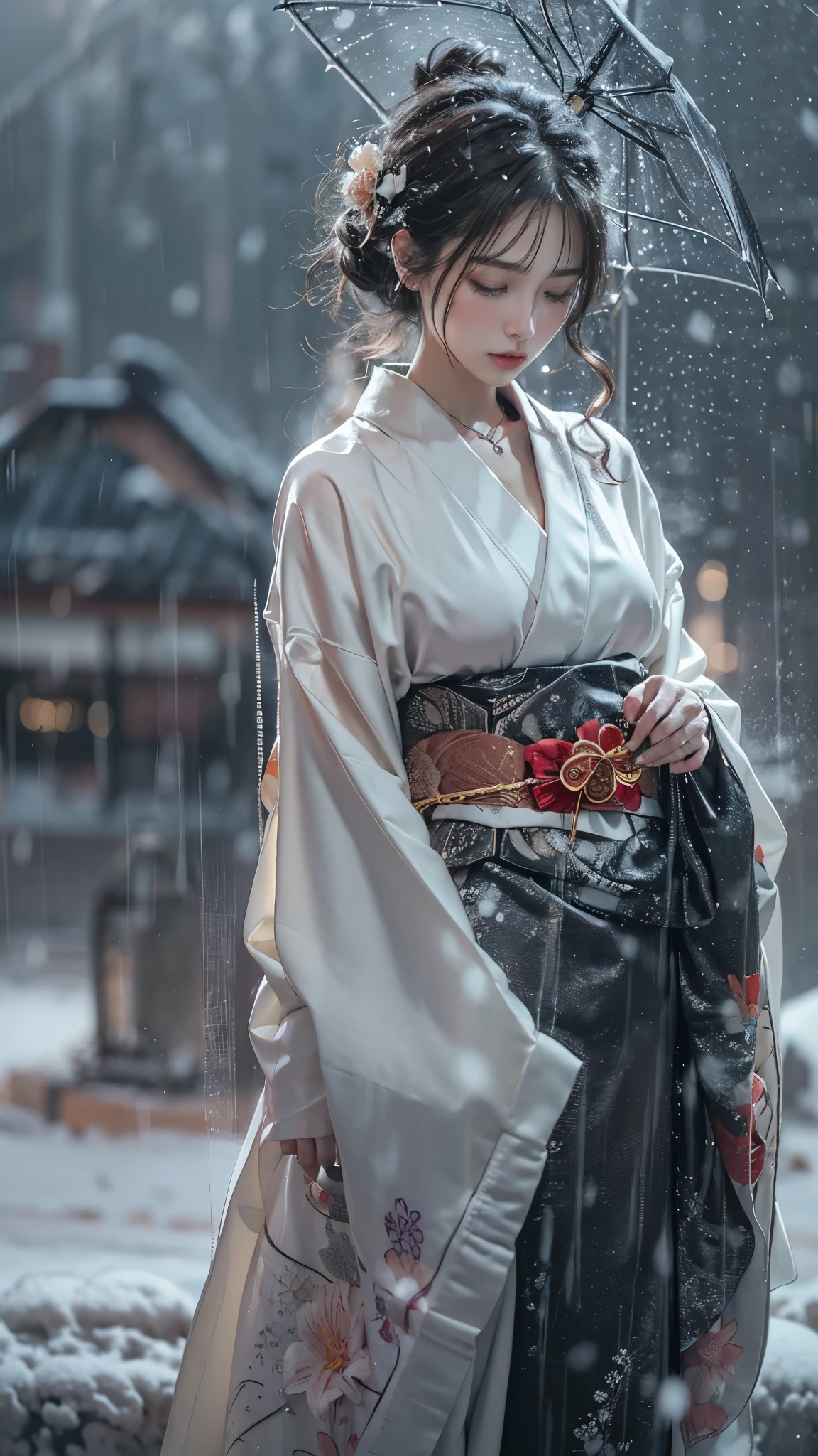 (RAW shooting, Photoreal:1.5, 8K, highest quality, masterpiece, ultra high resolution), ((((heavy snow, Blizzard)))), Highly detailed skin and facial textures:1.3, perfect dynamic composition:1.2, (In front of a shrine at night in a modern city, expression of sadness:1.0, Tears are flowing:1.0, cry with a broken heart:1.0), Slim office lady wet in the rain:1.3, cowboy shot, Fair skin:1.2, sexy beauty:1.1, perfect style:1.2, beautiful and aesthetic:1.1, very beautiful face:1.2, water droplets on the skin, (rain drips all over my body:1.2, wet body:1.2, wet hair:1.3), (Professional kimono dressing:1.1, Holding a bouquet of wet lilies:1.2, How to wear a wet pure white kimono properly:1.3), (Medium chest, Bra is sheer, Chest gap), (Eyes that feel beautiful eros:0.9, Too erotic:0.9, Bewitching:0.9), necklace, earrings, bracelet, wedding ring, Highly detailed hand and finger expressions