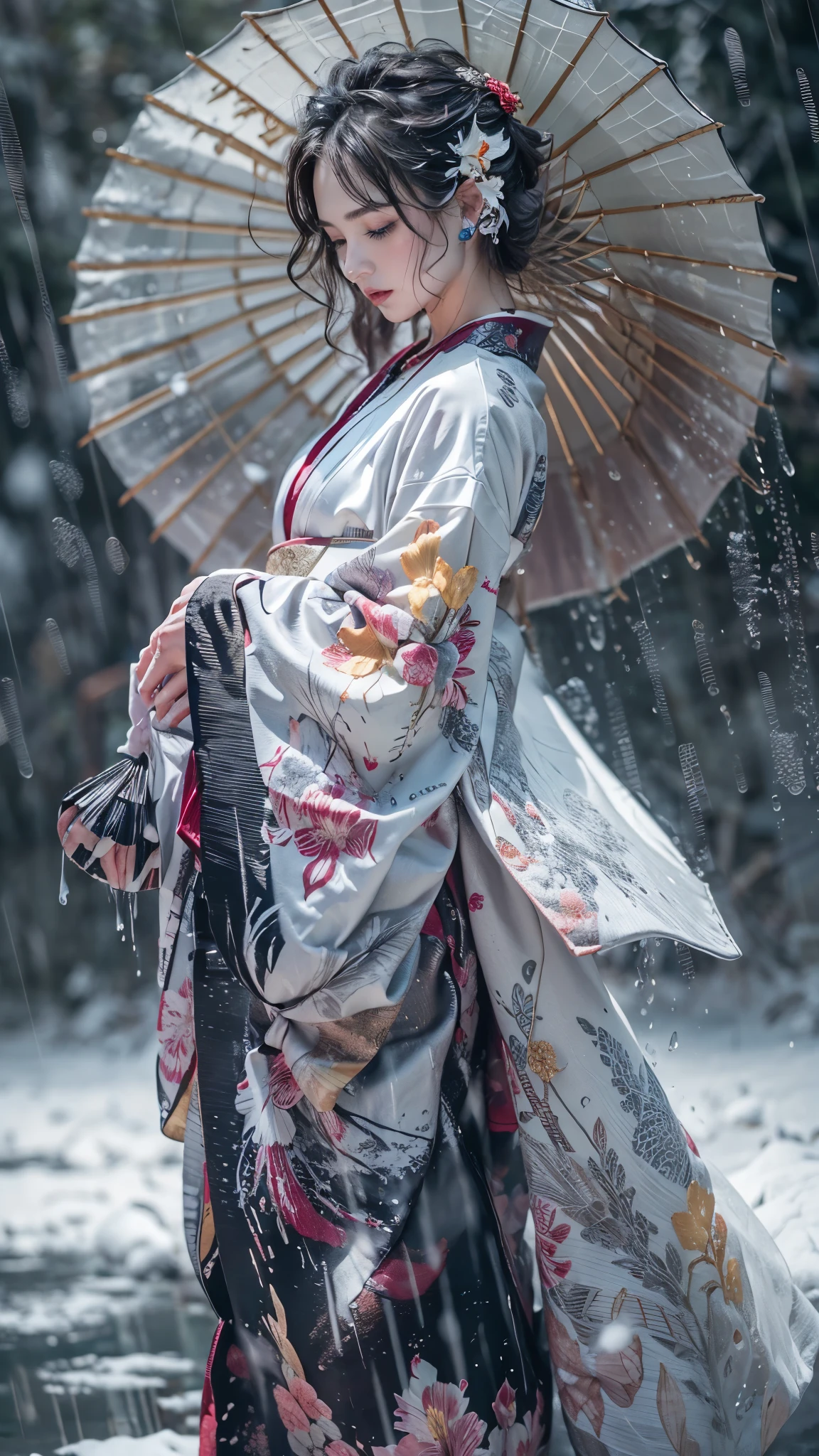 (RAW shooting, Photoreal:1.5, 8K, highest quality, masterpiece, ultra high resolution), ((((heavy snow, Blizzard)))), Highly detailed skin and facial textures:1.3, perfect dynamic composition:1.2, (In front of a shrine at night in a modern city, expression of sadness:1.0, Tears are flowing:1.0, cry with a broken heart:1.0), Slim office lady wet in the rain:1.3, cowboy shot, Fair skin:1.2, sexy beauty:1.1, perfect style:1.2, beautiful and aesthetic:1.1, very beautiful face:1.2, water droplets on the skin, (rain drips all over my body:1.2, wet body:1.2, wet hair:1.3), (Professional kimono dressing:1.1, Holding a bouquet of wet lilies:1.2, How to wear a wet pure white kimono properly:1.3), (Medium chest, Bra is transparent, Chest gap), (Eyes that feel beautiful eros:0.9, Too erotic:0.9, Bewitching:0.9), necklace, earrings, bracelet, wedding ring, Highly detailed hand and finger expressions