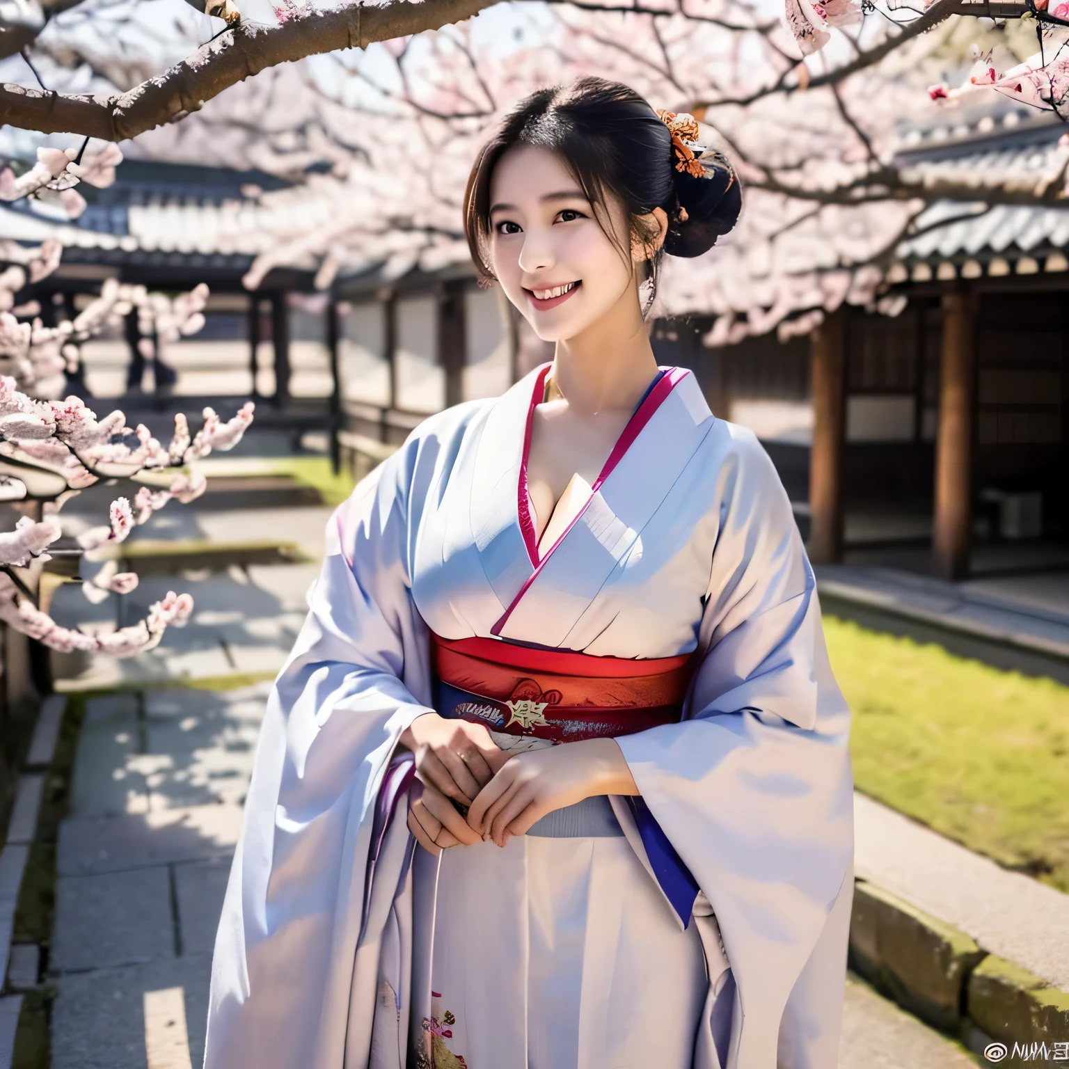 best qualtiy,tmasterpiece,ultra high resolution,(Realism:1.4),RAW photogr,1girll,bun hair,Face Highlighting,Pure,Girly,Flushing,18yr old,18-year-old smiling female classmate,Pure,Innocent,(best qualtiy,8K,tmasterpiece:1.3),Goose egg face,largeeyes,long eyelasher,Exquisite(live-action realistic style),((photo full body)), full body shot, Star-like eyes,Ultimate face,Photorealistic light and shadow,Clear facial featureilky white skin,Fair skin, highdetailskin, Realistic skin details, Visible Pore,(Super detail),(perfect bodies:1.1),long whitr hair,(dynamicposes),((Dynamic background((volumettic light:1.3)),Bigchest, deep v big breasts, showing cleavage, beautiful kimono,liberta,Dashing,Stand under the cherry blossom trees,long leges,geisha, Shunguang