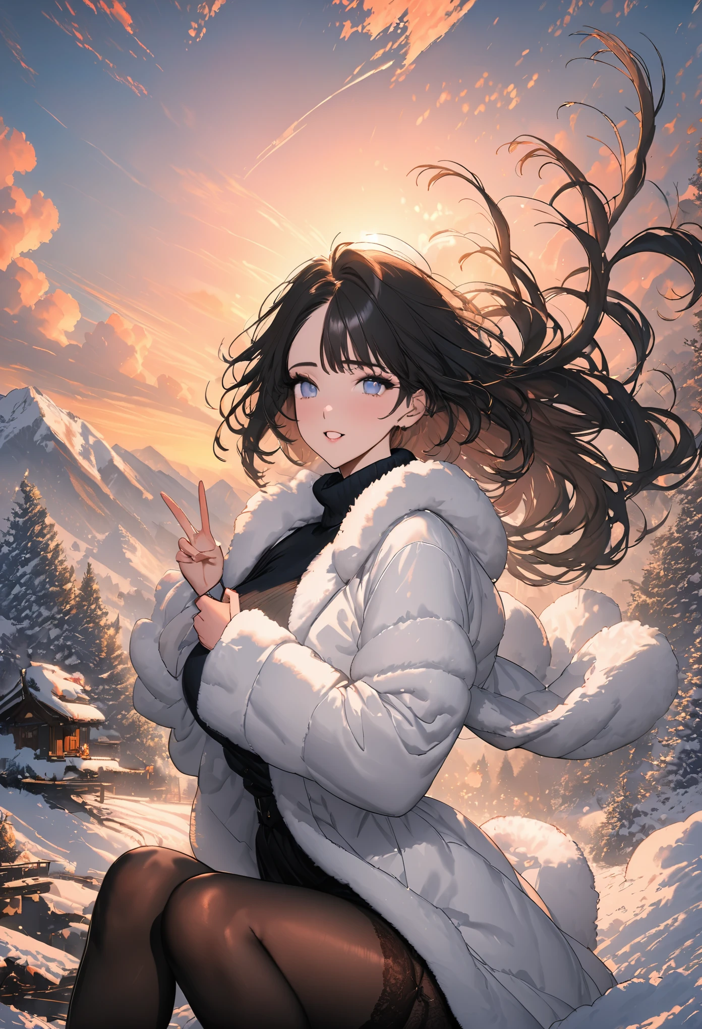((masterpiece, 32k,8k,wallpaper, high resolution, H,RAW photos,)),(realistically:1.5),(light),(Detailed fingers),(High detail skin:1.beautiful eyes),1 girl,alone,center, Winters, Yuki, fur collar wind coat, turtleneck sweater, Minkitz, lace up pantyhose,(huge snatch),twilight,Cloud,wind,hair flying,