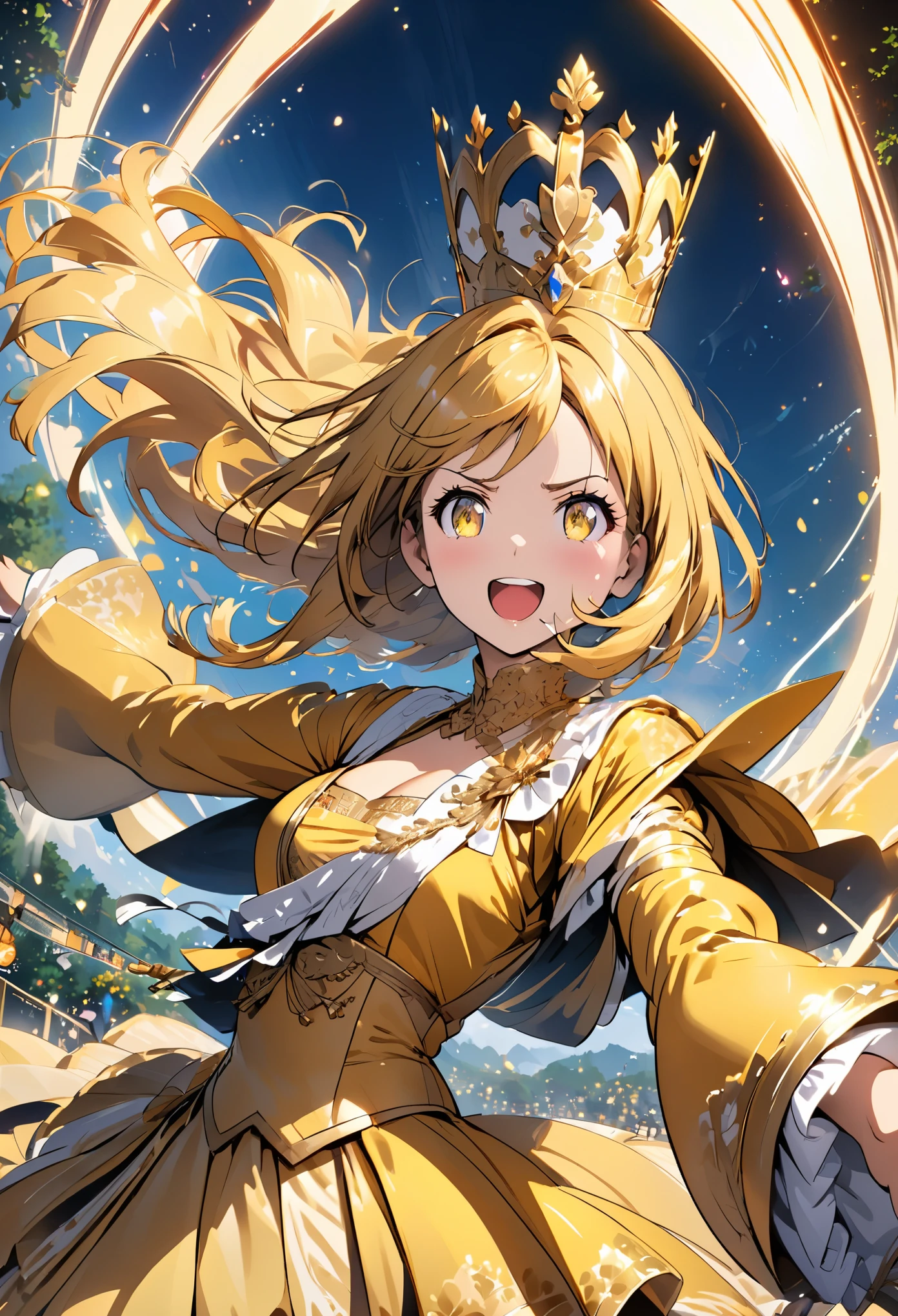 girl, flowing golden blonde hair, yellow eyes, golden royal outfit, neckline, Japanese cartoons, The background is a clear sky and twinkling lights, Dynamic angle, arrogant laughter