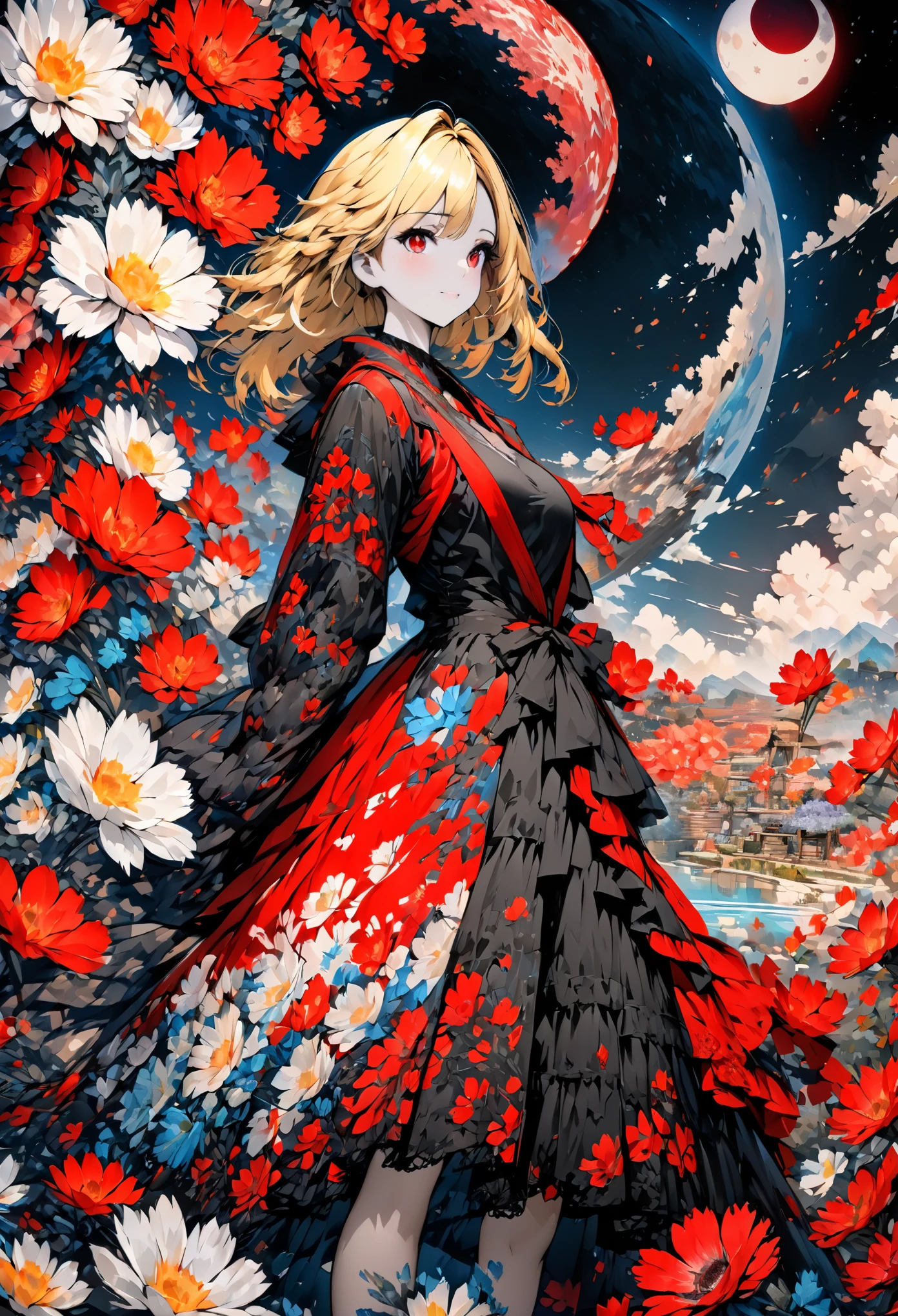 color ink painting,(splash of color),colorful splash,(((rich and colorful),(sketch:0.8), masterpiece,best quality, Beautiful painting,Very detailed,(Denoise:0.6 ), (beautiful detailed sky),moon,Very detailed,Colorama-彩色彩虹RGB肤色masterpiece, best quality, Highly detailed CG Unity 8k wallpaper,masterpiece, best quality, Super detailed, {marvelous media}, Limited color palette, a girl, Red eyes, blonde hair, whole body, floral background