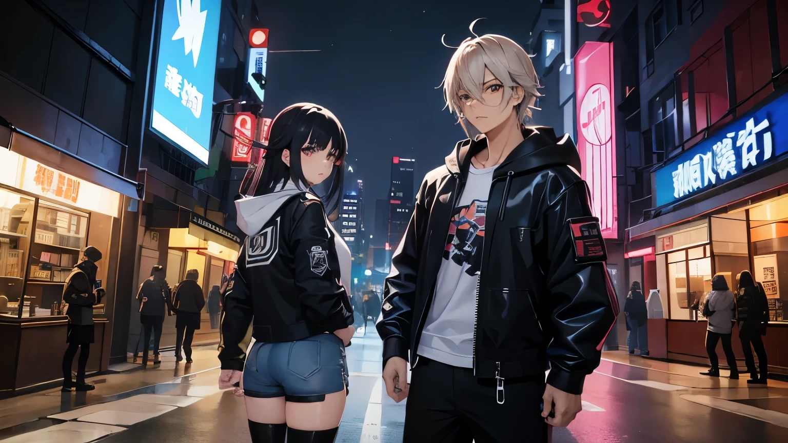 high quality、cyber punk、girl２people、mechanic、comical、anime style etc.、髪のcolorは２color、bike、leather jacket、punk coloring、city、ナイトcity、Street style、graffiti、hoodie、middle age、tall woman、military、Knee-high boots、weapons、night、二people組、teammates、The touch of the picture is black lagoon style