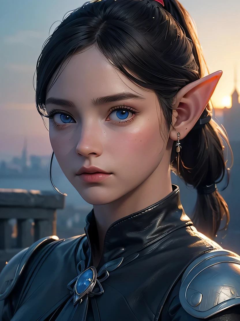 ((masterpiece、highest quality、Super detailed、High resolution、sharp focus、photorealistic、cinematic lighting))、((1 female、bust shot、Portrait of a beautiful female elf 、40 years old))、face light、high brightness、elaborately patterned cloth cloak、Textured black leather armor and leggings、Chalkboard armor with delicate carvings、black leather gloves、tall、well-proportioned body shape、focus from the chest up、((black hair ponytail))、blue eyes、sharp eyes、highly detailed face、Fine ears、view audience、Detailed depiction of hands、Beautiful medieval cityscape and castle in the background、Detailed background depiction