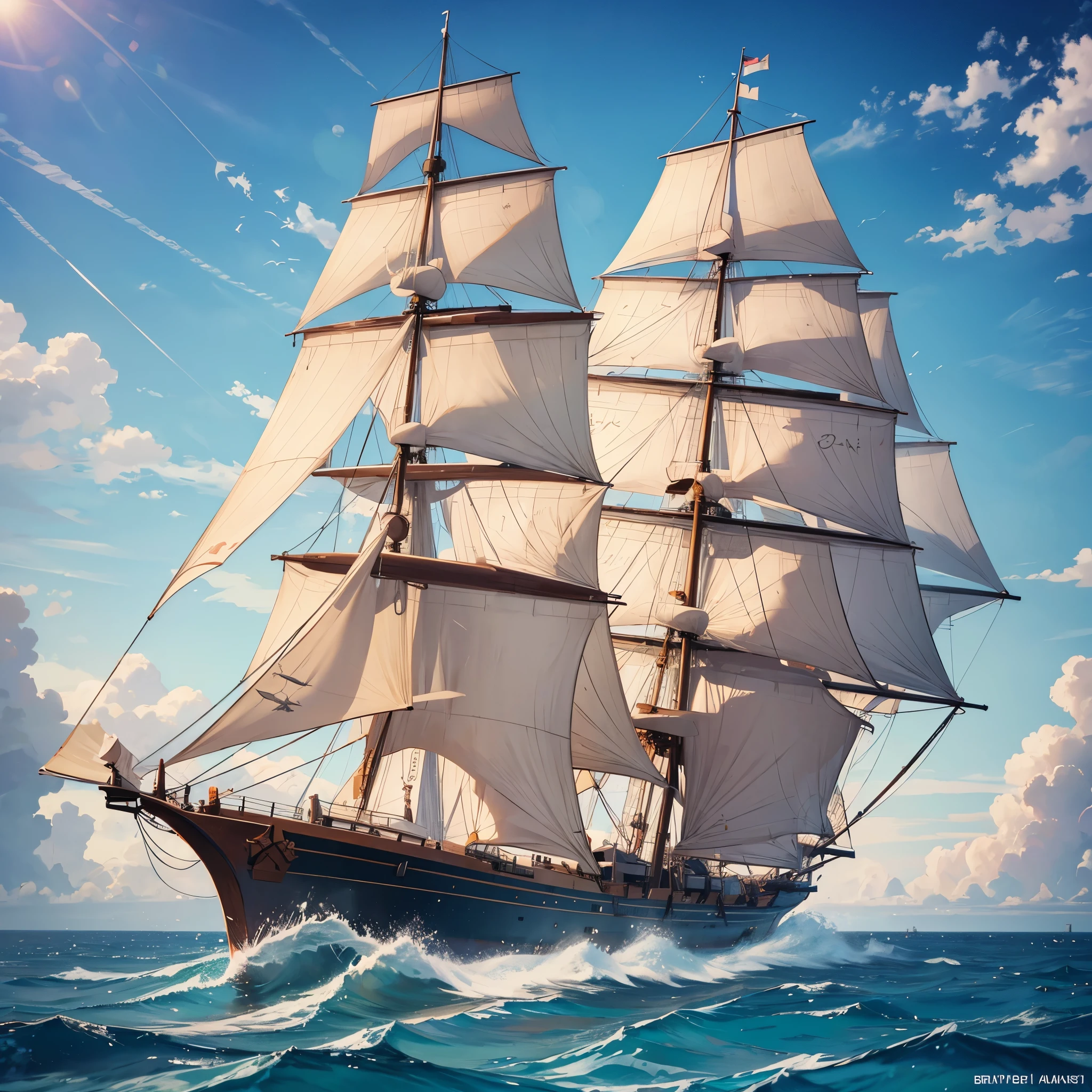 A large sailing warship on the sea, choppy water, sun reflecting on the sea, very detailed, masterpiece, ultra resolution, perfect quality, 4k hd.