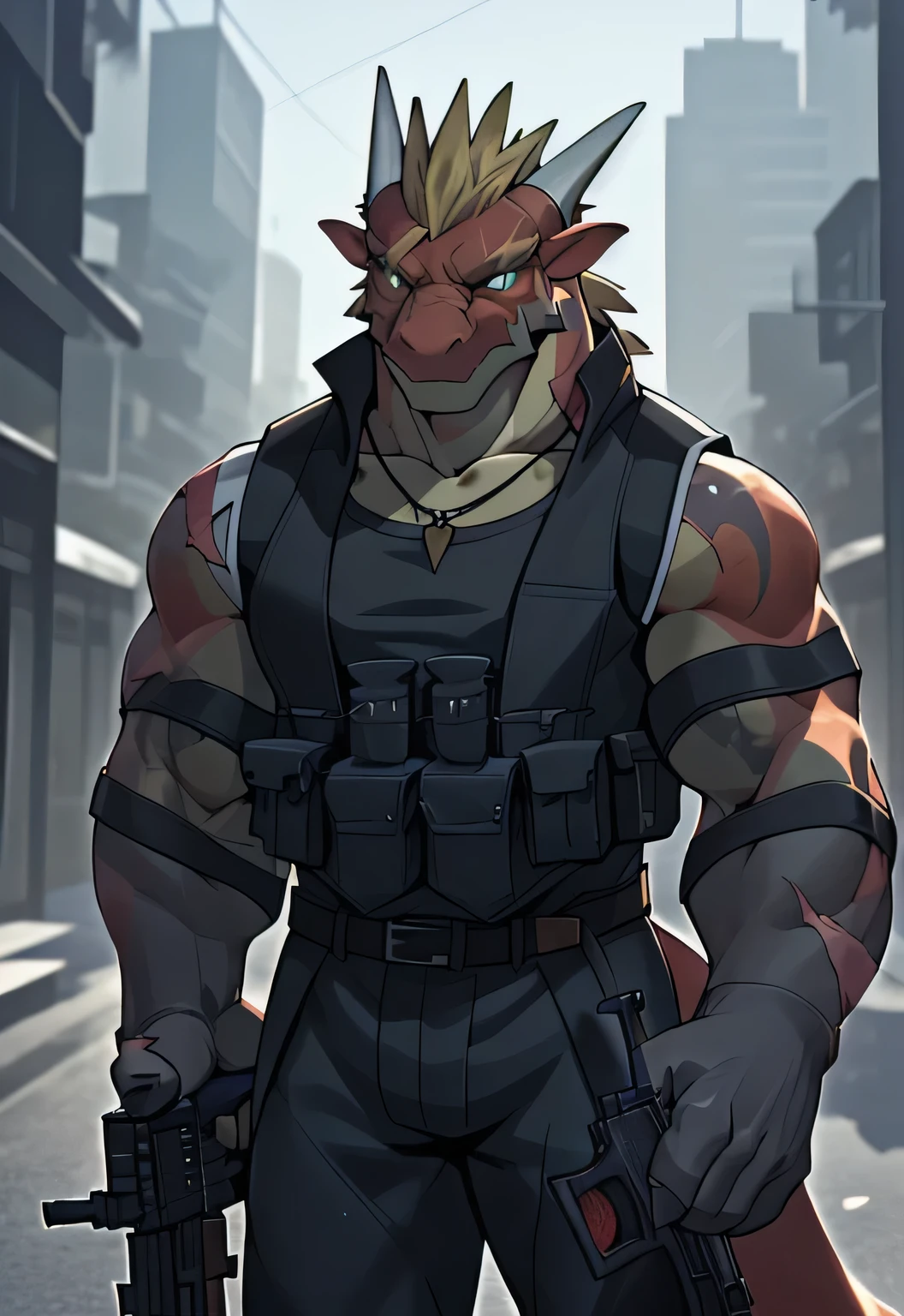 (dragon), two colors, Scars on the face,Eye, With sunglasses on his head,Necklace hanging around the neck,(muscular body:1.3), There is a scar on the face, Handsome, OK,(Scars on the face), on the street,(Express),(city background),(with scars on face:1.2),look at screen,(dragon horn),(Dragon tail),perfect masterpiece,(16K),alone,((Strong)),,(hands crossed),Perfect proportion,front,gun in hand,(gun in hand:1.5),(gun in hand:1.3),(fierce expression:1.2),(Vision:1.5),(with rifle in hands:1.8),Strong,muscle,with dragon wings,more details,CG,(dragon), torso,((gun in hand)), (Bulletproof vest)),serious expression,city background