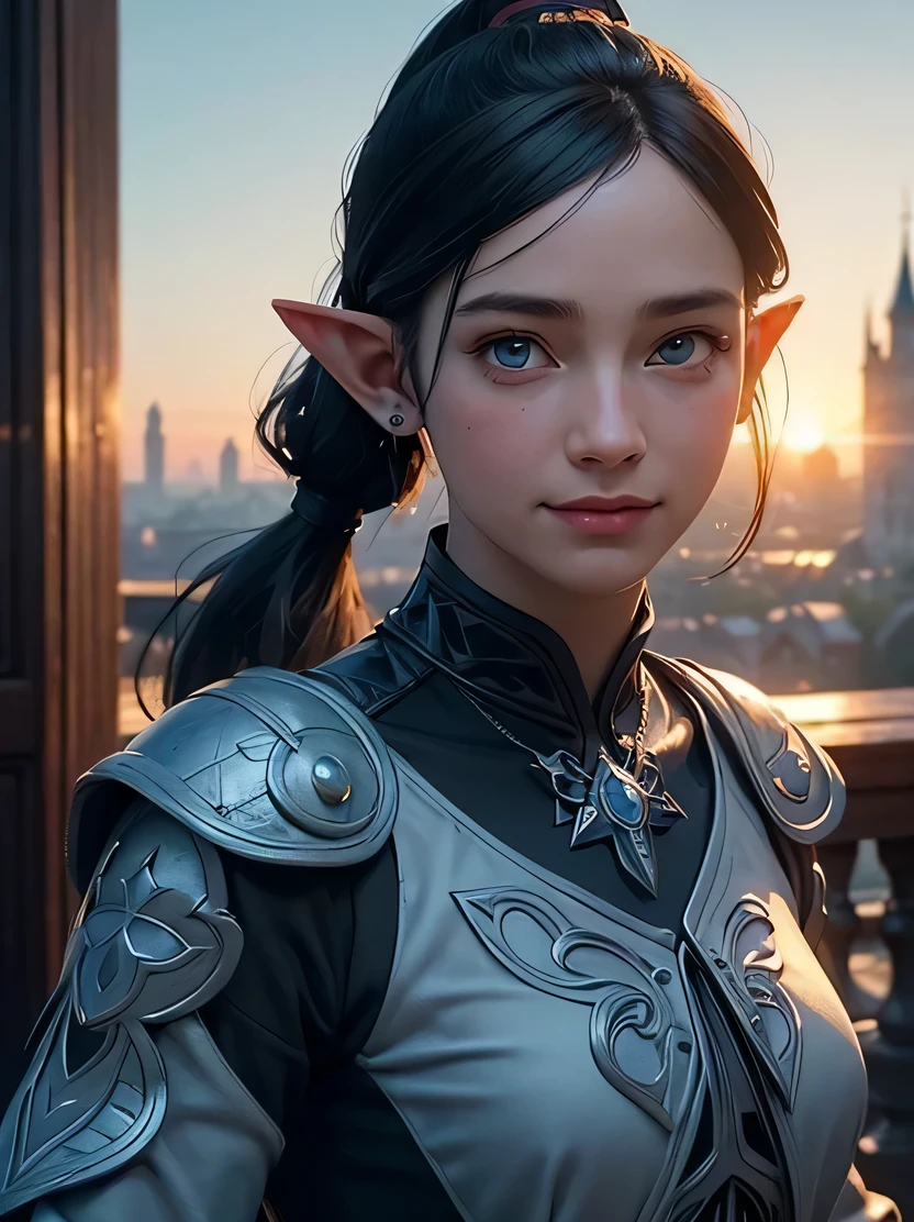 ((masterpiece、highest quality、Super detailed、High resolution、sharp focus、photorealistic、cinematic lighting))、((1 female、cowboy shot、Portrait of a beautiful female elf 、40 years old))、face light、high brightness、elaborately patterned cloth cloak、Textured black leather armor and leggings、Chalkboard armor with delicate carvings、black leather gloves、tall、well-proportioned body shape、focus from the chest up、((black hair ponytail))、blue eyes、Smile、highly detailed face、Fine ears、view audience、Detailed depiction of hands、Beautiful medieval cityscape and castle in the background、Detailed background depiction