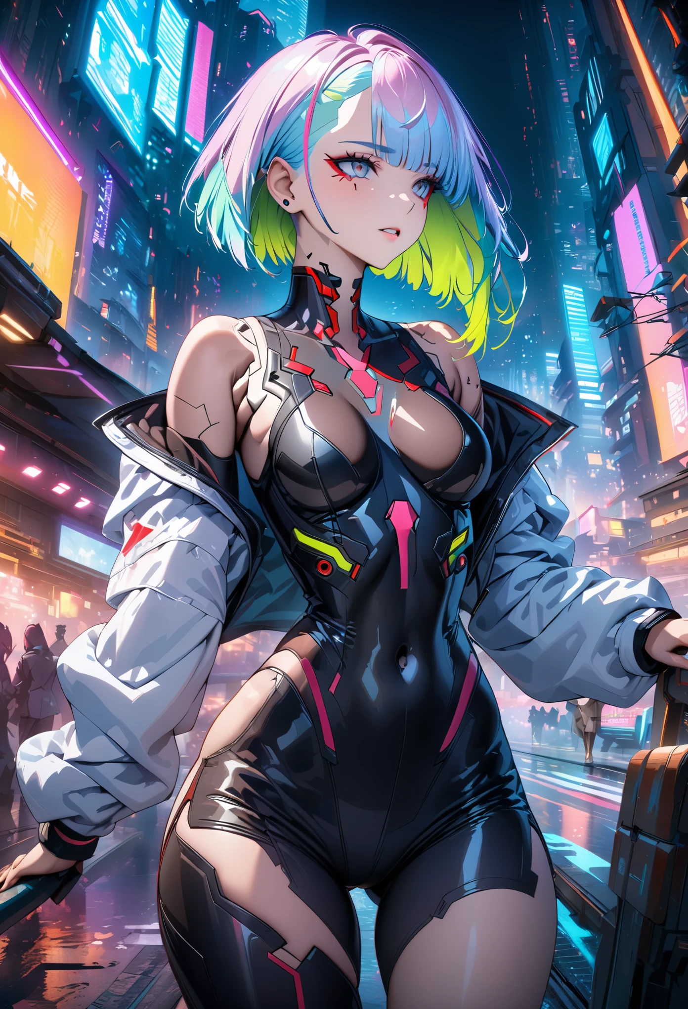 (Extremely detailed CG unified 8k wallpaper), (Super detailed), masterpiece, best quality, Lucy (cyberpunk), bodysuit, alone, breast, cyberpunk city, colorful hair, short hair, looking at the audience, medium breast, black bodysuit, gray eyes, Hip vents, Clothing tailoring, Thigh clearance, cover navel, white jacket, bare shoulders, shorts, bench,