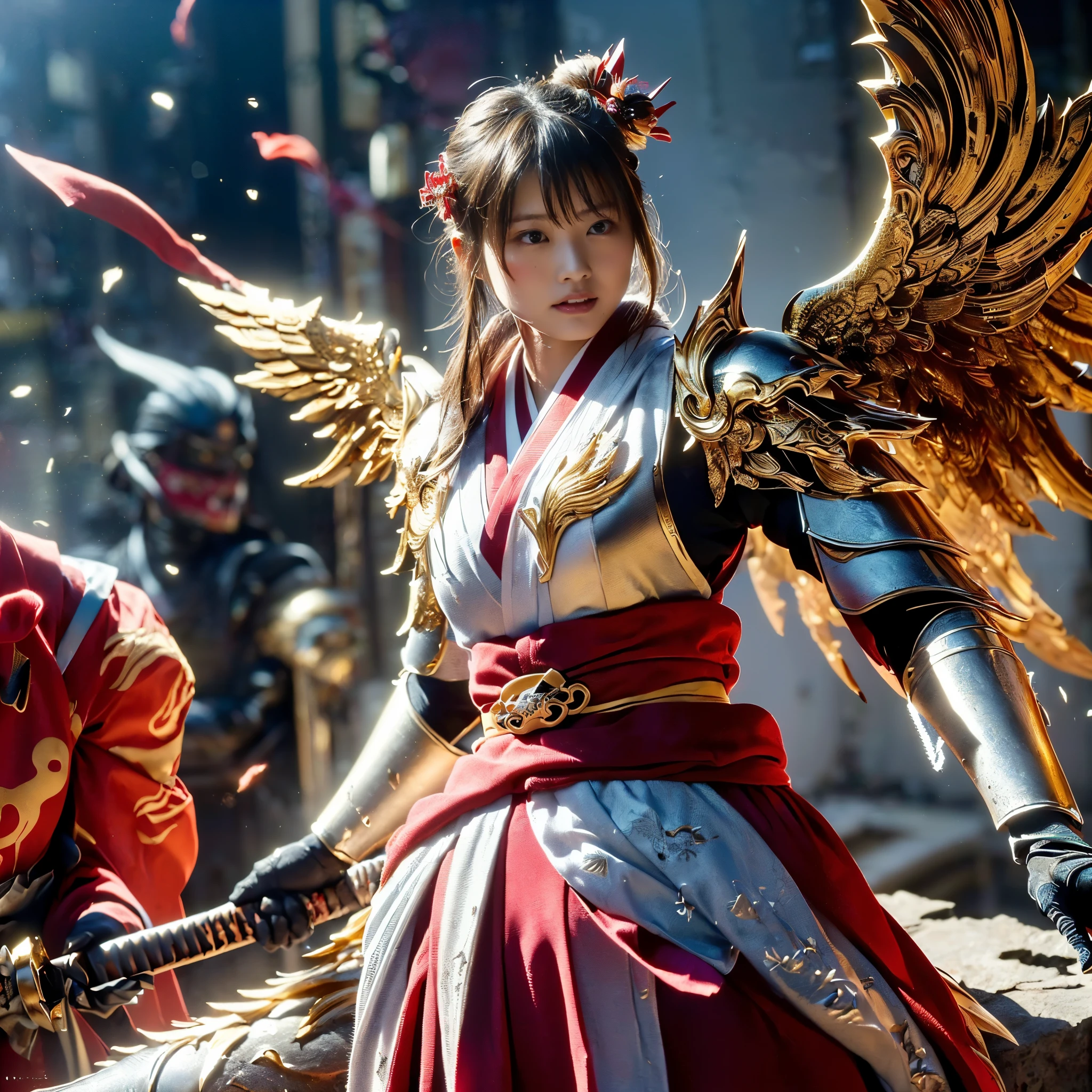 (((Realistic, masterpiece, best quality, crisp detail, high definition, high detail, very rich detail, sharp focus, sharp detail, colorful, perfect studio lightning))), ((20 years old goddess, kasumi arimura)),(((in the middle of war, epic war scene, attack stance))), wearing (((beautiful decorated golden heavy armor, dragon armor, decorated full body armor, fully armored beautiful kimono, wide golden wings))), (flying, swinging katana, blood scattered face, blood tears, blood bath, blood shed), (((fire everywhere, blood everywhere, death everywhere, japan bakumatsu period, dead bodies,carcass,burned japanese castle,hellish,chaos)) traditional village background)
