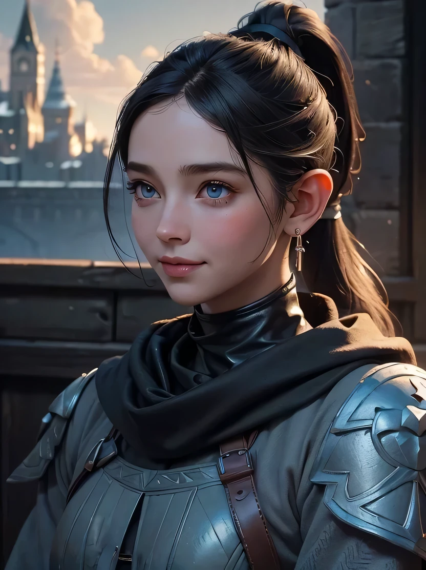 ((masterpiece、highest quality、Super detailed、High resolution、sharp focus、cinematic lighting))、((1 female、bust shot))、Portrait of a beautiful female elf 、40 years old、face light、high brightness、elaborately patterned cloth cloak、Textured black leather armor and leggings、Chalkboard armor with delicate carvings、black leather gloves、tall、well-proportioned body shape、focus from the chest up、((black hair ponytail))、blue eyes、highly detailed face、Fine ears、Smile、view audience、Detailed depiction of hands、Beautiful medieval cityscape and castle in the background、Detailed background depiction