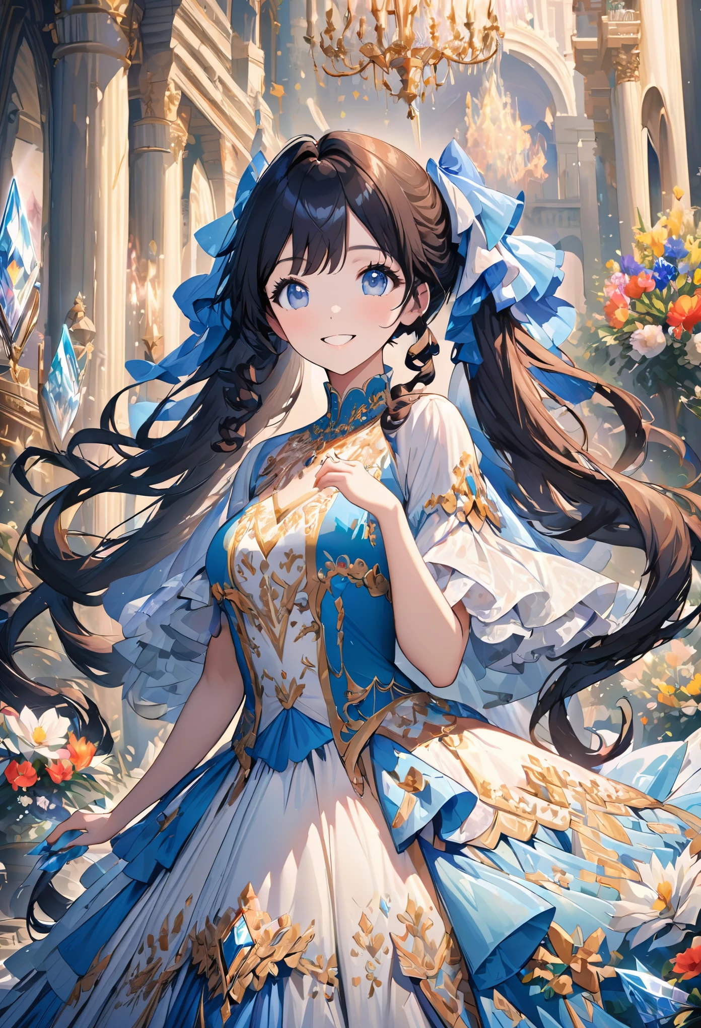 dramatic composition, palace style dress, royal, Gorgeous, layered decoration, Ruffles, bow, Crystal chandeliers, Roman Curly Hairstyle, Will release, Diamond-like double ponytails, look at camera, Bangs, Minimalism, magnificent background, Detailed depiction of hair and eyes, Princess dress, Gorgeous skirts, flowers in hand, Smile, star eyes, film light, Extreme details, HD, happy girl, Very long hair, diamond, broken diamond, crystal shard, light particles