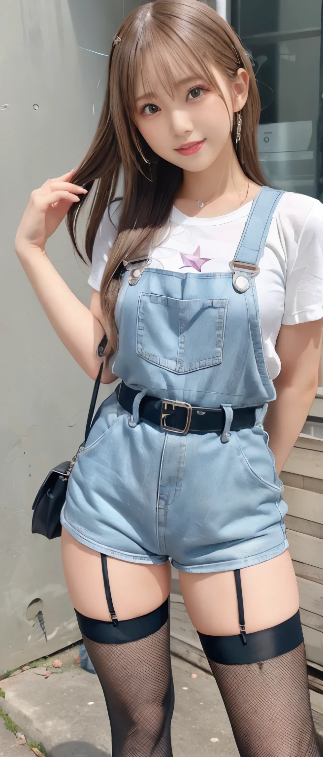 cyber idol girl、、Silver overalls tight shorts、、、good style、cutely standing upright、whole body、、neat face、star buckle belt、、Fishnet tights、、blonde hair