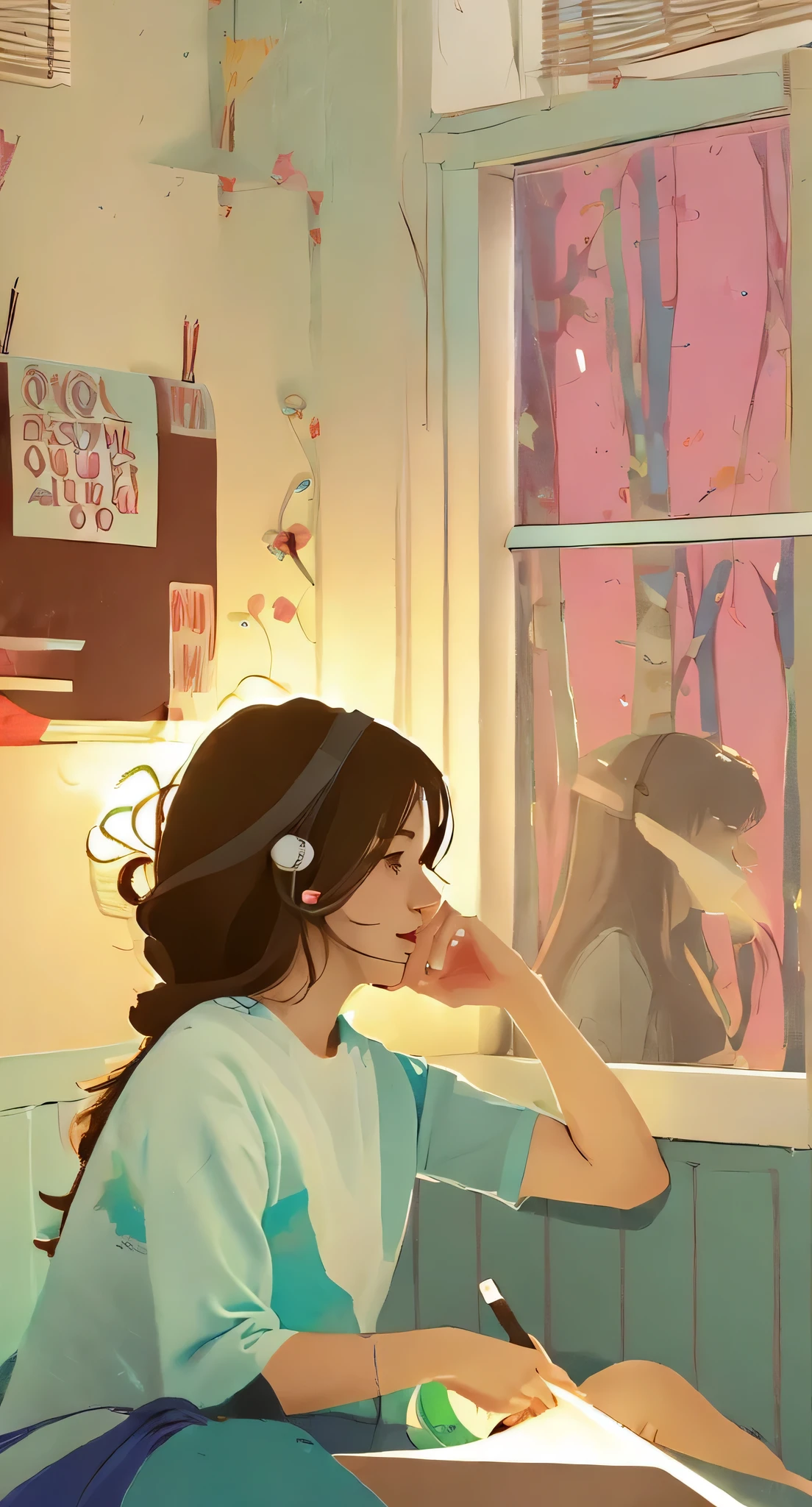 An illustration，Color(1:4)Perfect for evening time、Matches the soothing LOFI music，girl，cute profile，room，Listening to music