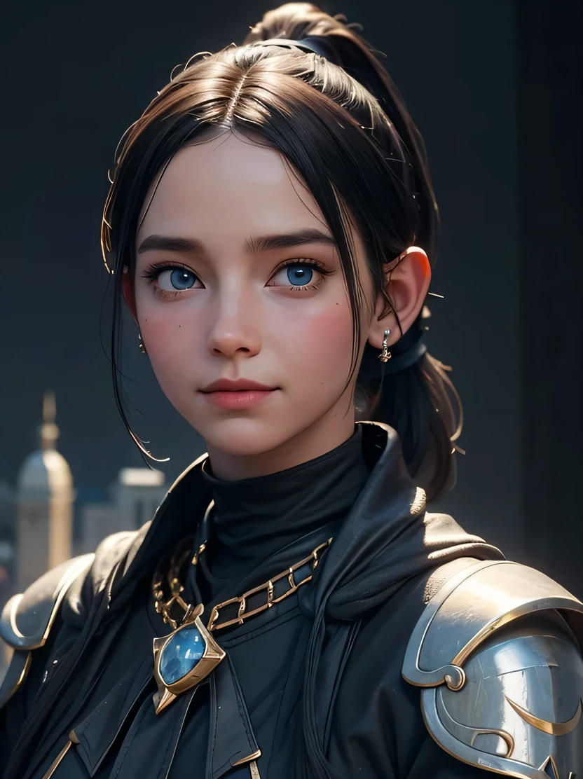 ((masterpiece、highest quality、Super detailed、High resolution、sharp focus、photorealistic、cinematic lighting))、((1 female、bust shot))、Portrait of a beautiful female elf 、40 years old、face light、high brightness、elaborately patterned cloth cloak、Textured black leather armor and leggings、Chalkboard armor with delicate carvings、black leather gloves、tall、well-proportioned body shape、focus from the chest up、((black hair ponytail))、blue eyes、highly detailed face、Fine ears、Smile、view audience、Detailed depiction of hands、Beautiful medieval cityscape and castle in the background、Detailed background depiction