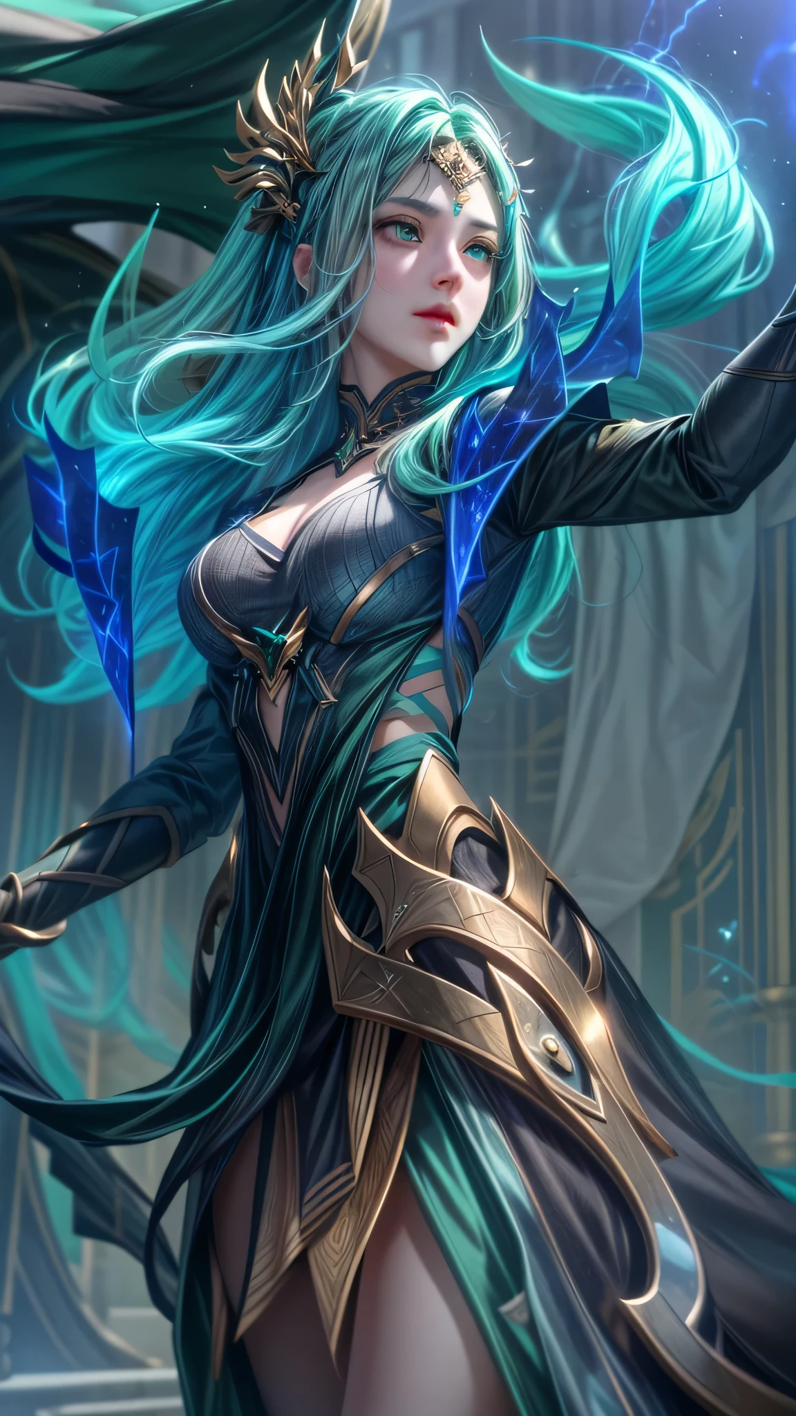 Best quality, masterpiece, ultra high res, (photorealistic:1.4), 1girl wearing a head ornament, green eyes, blue-green hair, professional lightning, sharp focus, deep shadow, (extremely detailed CG unity 4k fhd wallpaper), 8k.