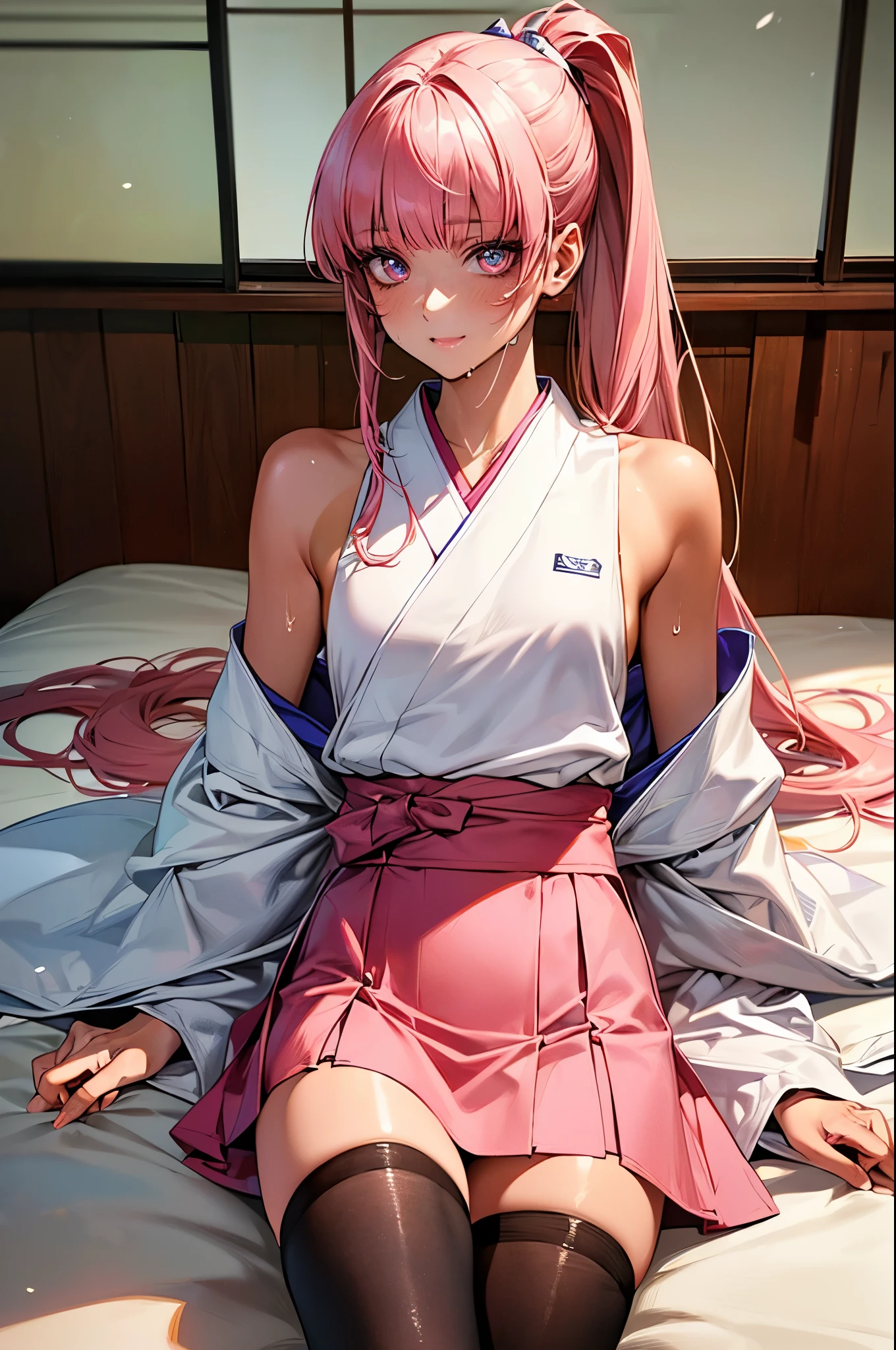 ((perfect anatomy,realistic,:1.3,RAW Photography:1.3,masterpiece、highest quality、Ultra - High resolution、High resolution、Highly detailed CG、8K)),cowboy shot,1 female,solo,20 year old beauty,((beautiful detailed face and eyes,big gorgeous eyes),pink eyes,(pink hair,ponytail,long hair,blunt bangs,straight hair)),(medium breasts,slender body,small head,skinny,tan skin,gleaming skin,shiny skin,sweat),(white kimono、sleeveless、bara arms,pink mini skirt,white_thighhighs,white panties、love juice),lying、futon、Japanese style room、Japanese-style house、Tokyo、moonlight、