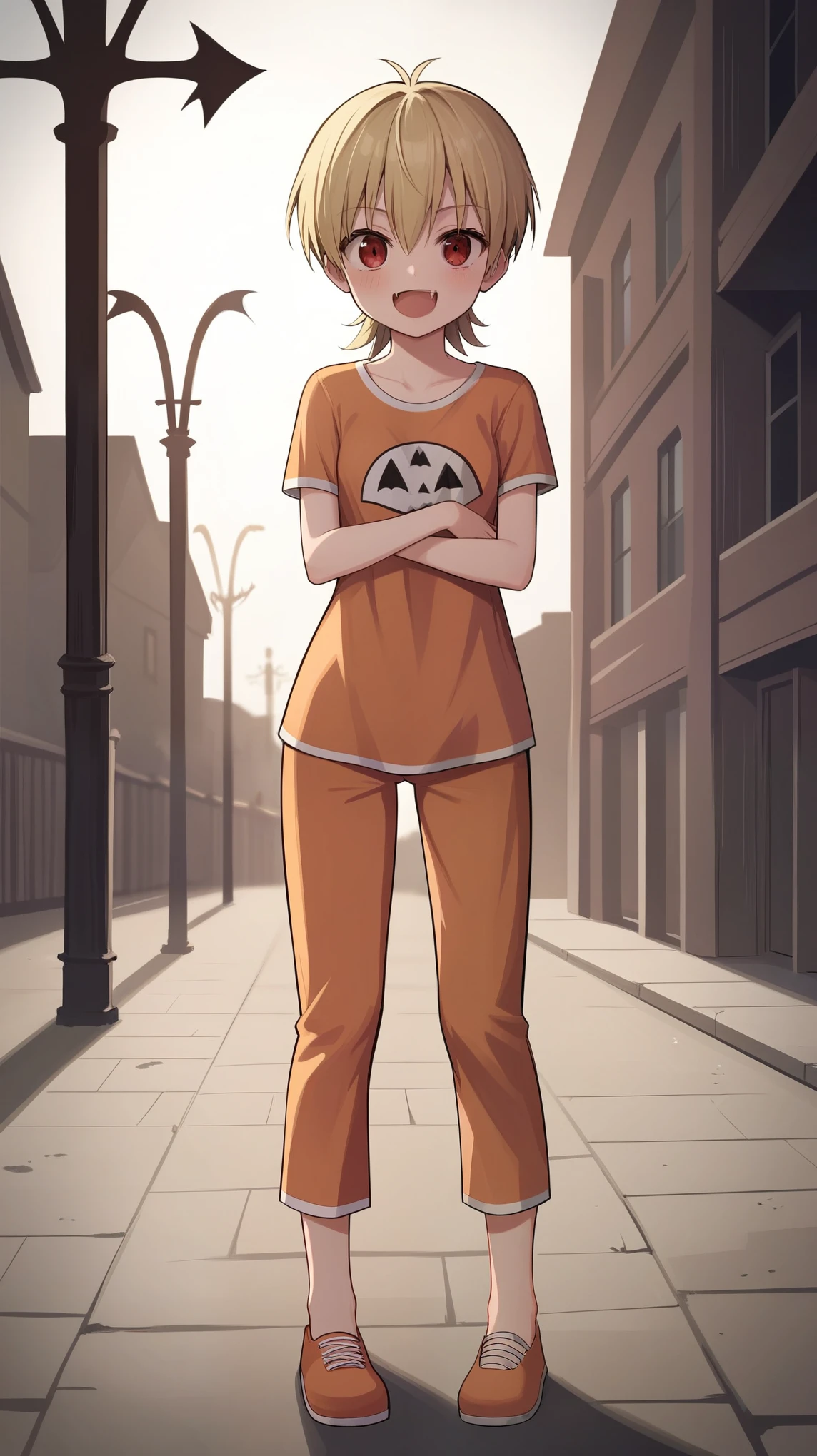 score_9, score_8_up, score_7_up, score_6_up, source_anime, BREAK, hellsing,1girl, solo, outdoors, spooky, clumsy, Halloween, on the road, looking at viewer, smug, acting scary, clumsy, cute, aged down, teen, teenager, kid, , young, extremely young, lole, wearing dinosaur pajamas, Halloween dinosaur costume, dino costume, dinosaur costume , vampire, dark blonde hair, blonde, open mouth, pussy slip, standing