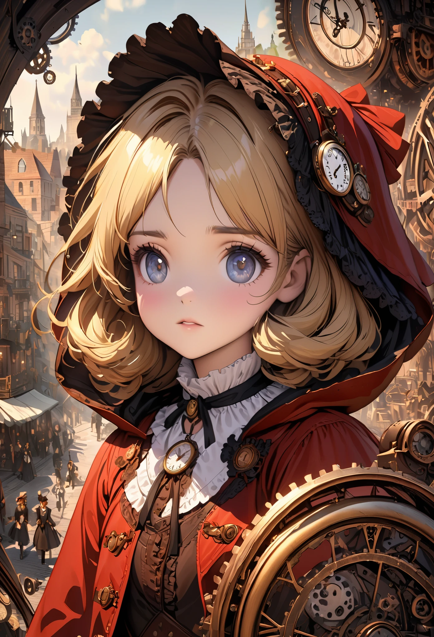close up, Straight blonde short curly child girl little red riding hood, clock on necklace, (victorian era), ((Steampunk)), cinematography, worked, elegant, meticulous, Gorgeous, Maximum details, Extremely aesthetic, Intricate details, many gears, old city background